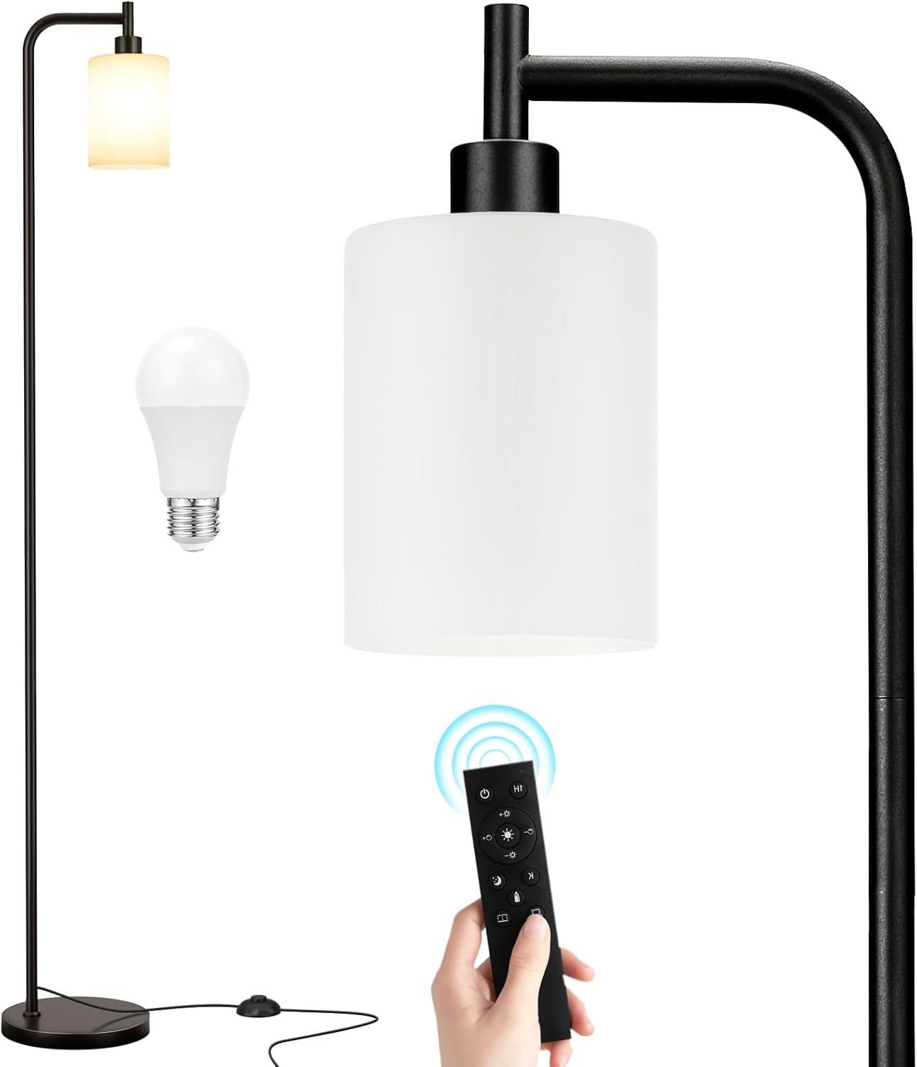 Industrial Floor Lamp with Glass Shade - Black, LED Bulbs, Foot Pedal Switch, Easy Assembly