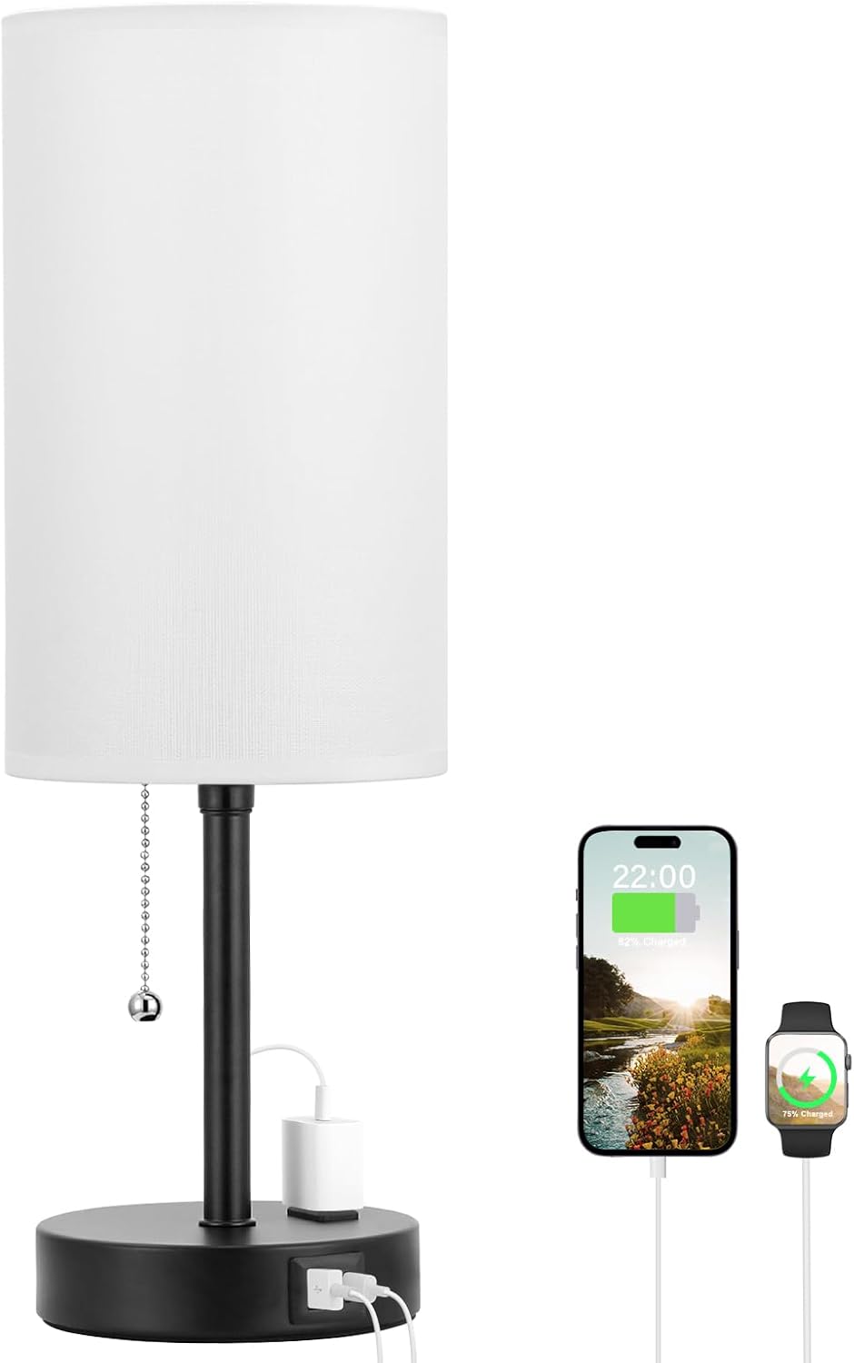 Small Bedside Table lamp for Bedroom - 3 Color Temperatures Bedside Lamps with USB C and A Ports, Pull Chain Table Lamps with AC Outlet, White Nightstand Lamps with Black Metal Base for Kids Reading