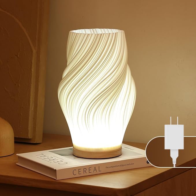 Bedside Lamp with Woodbase - Button Control Table Lamp for Bedroom 12 Way Dimmable Nightstand Lamp with PLA Lampshade for Living Room, Kids Room, College Dorm, Office (White-E, Medium)