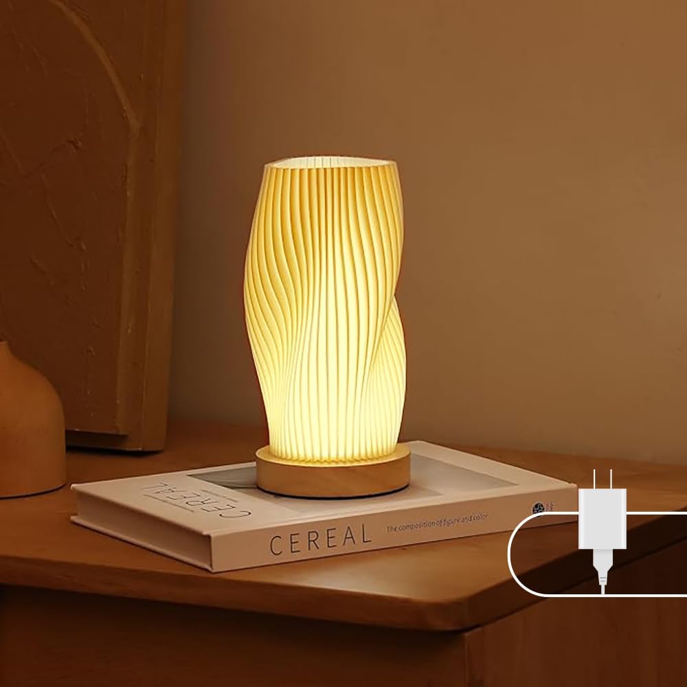 Bedside Lamp with Woodbase - Button Control Table Lamp for Bedroom 12 Way Dimmable Nightstand Lamp with PLA Lampshade for Living Room, Kids Room, College Dorm, Office (White-E, Medium)