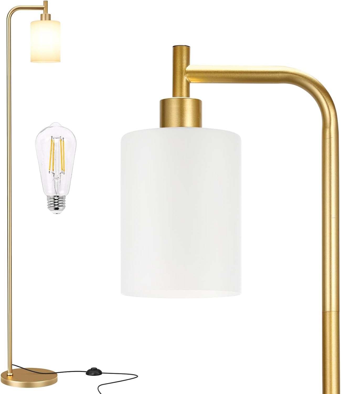 Industrial Floor Lamp with Glass Shade - Black, LED Bulbs, Foot Pedal Switch, Easy Assembly