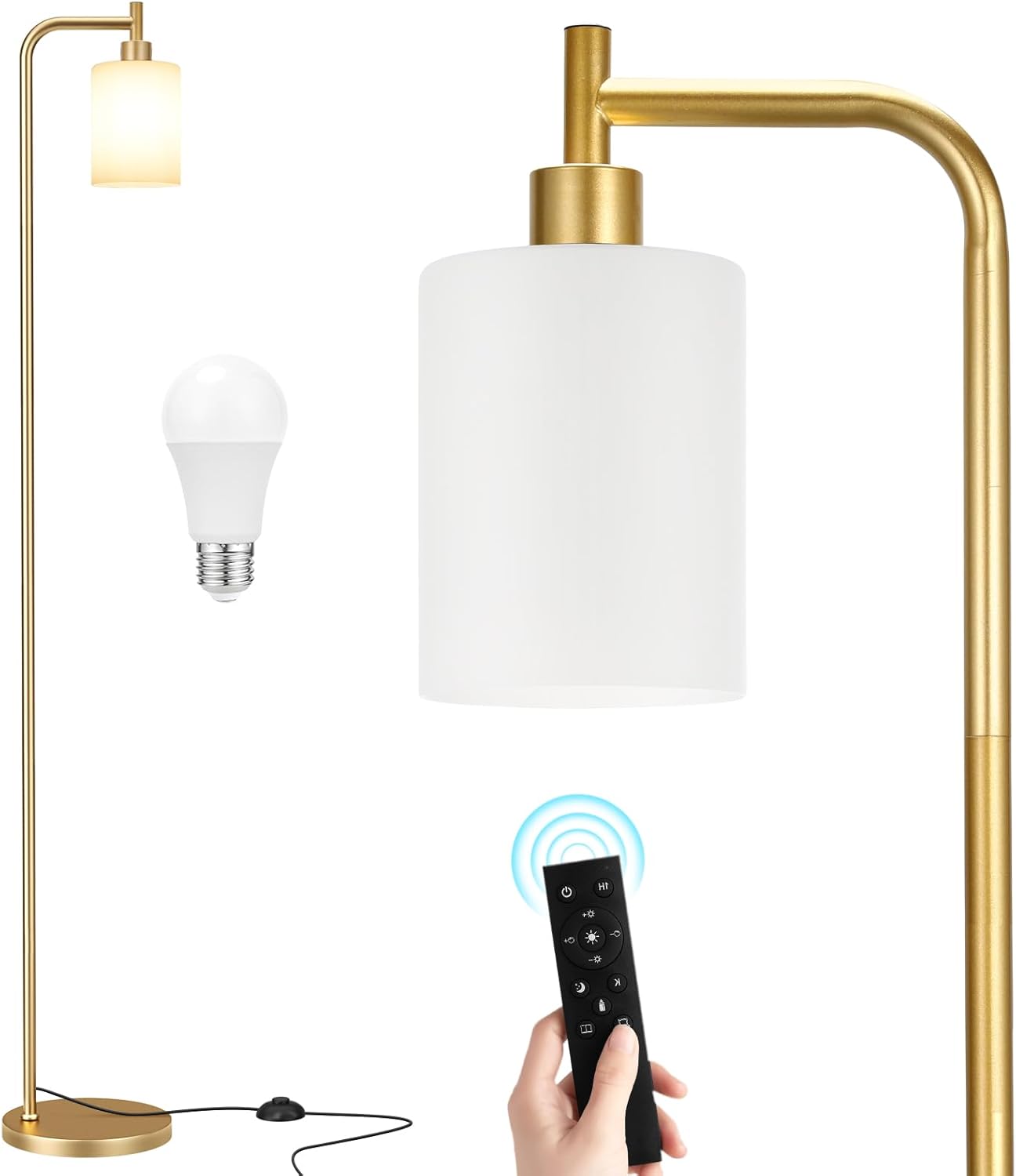 Industrial Floor Lamp with Glass Shade - Black, LED Bulbs, Foot Pedal Switch, Easy Assembly