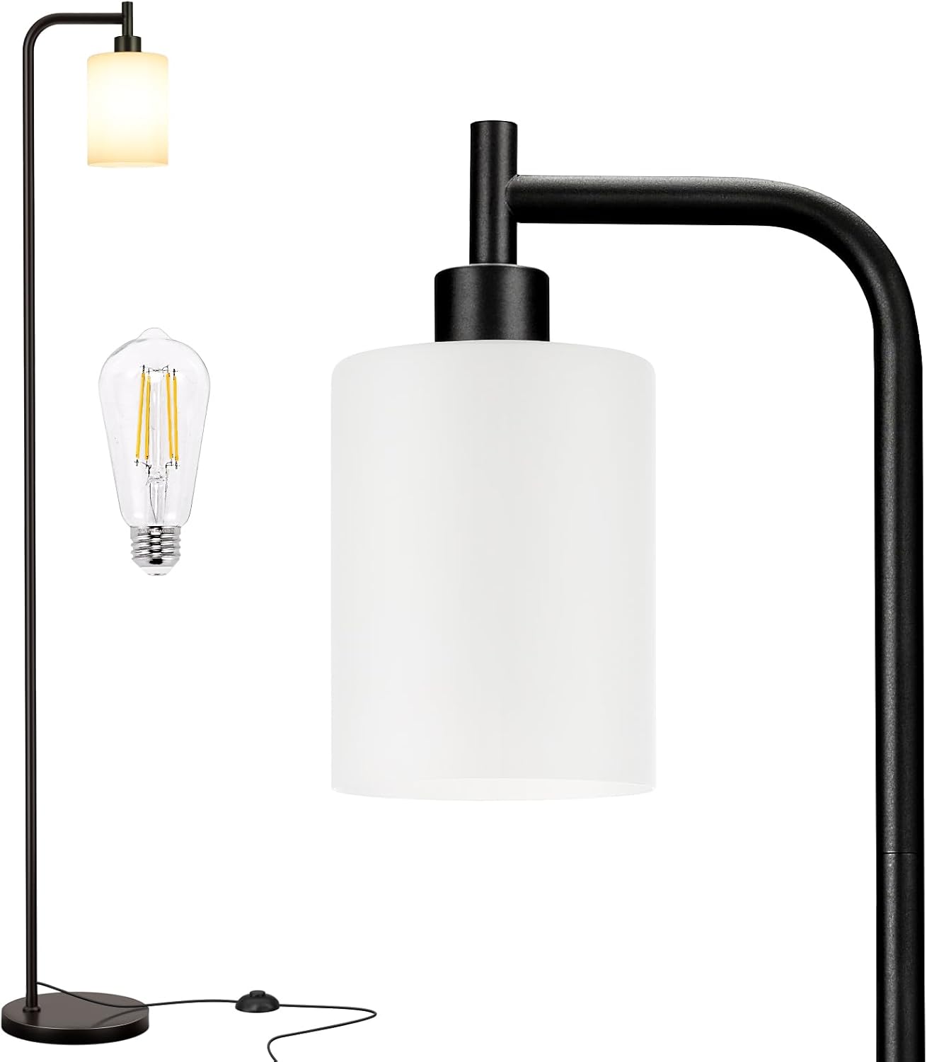 Industrial Floor Lamp with Glass Shade - Black, LED Bulbs, Foot Pedal Switch, Easy Assembly