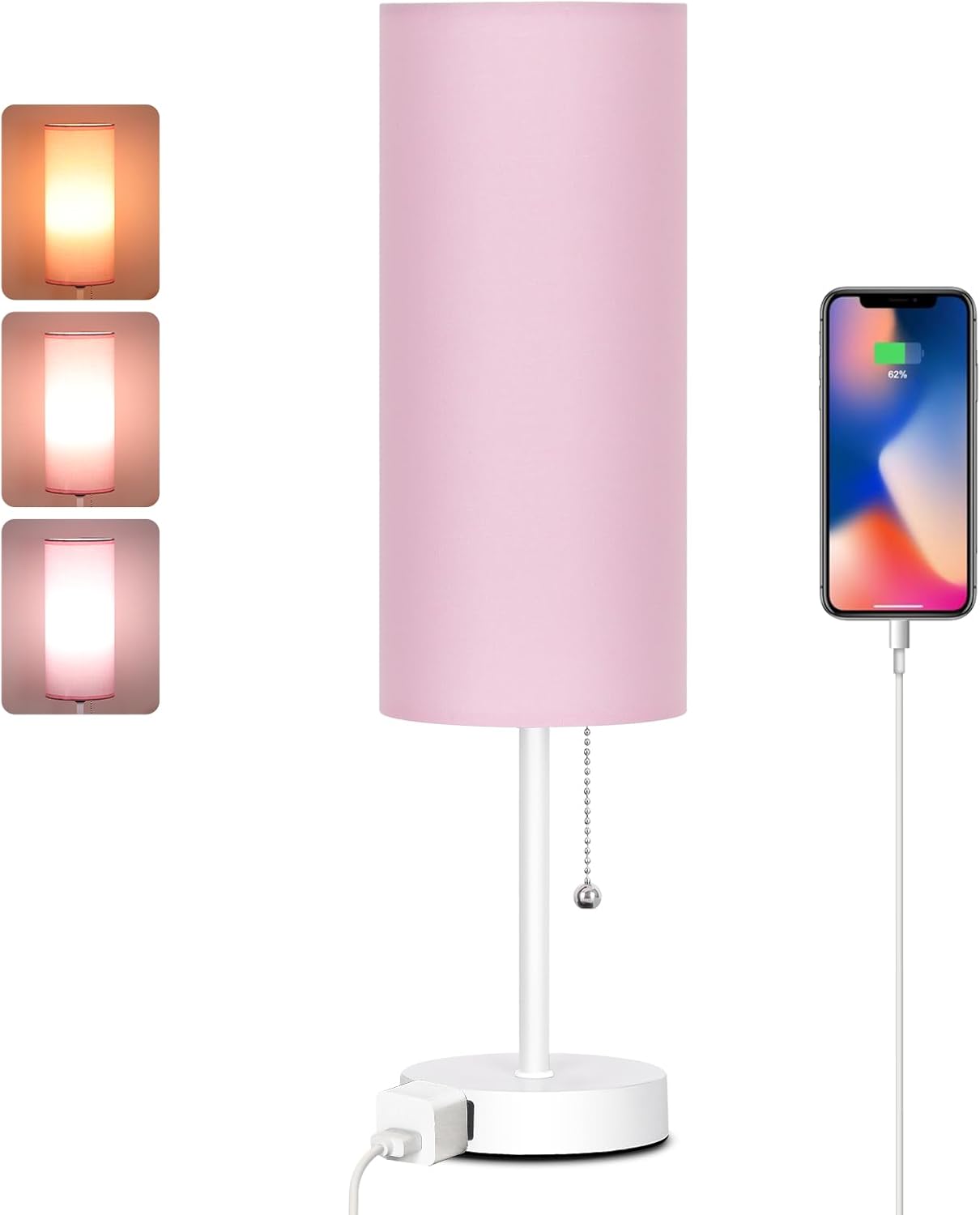 Dott Arts 15" Table Lamp for Bedroom, 3-Color Bedside Lamps with Pull Chain, Bedroom Table Lamps for Nightstand,AC Outlet Small Lamp for Living Room, Bulb Included
