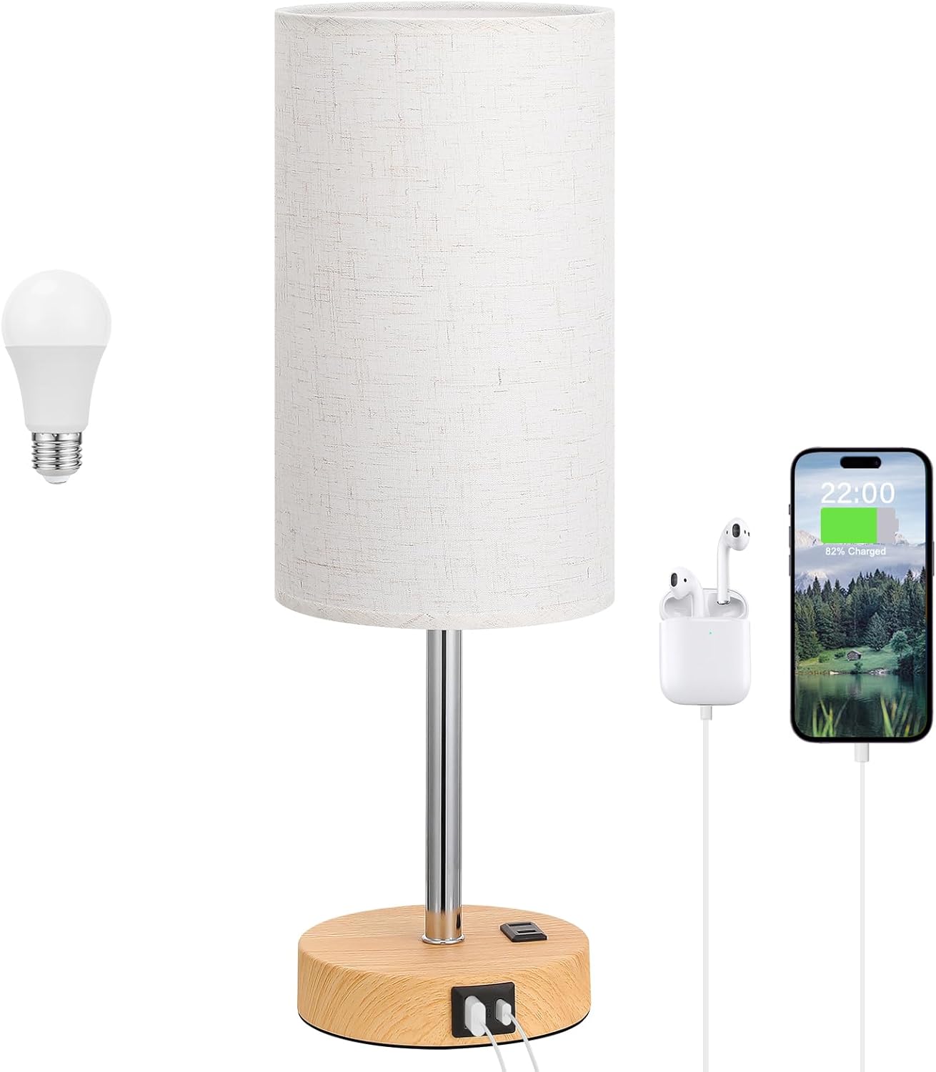 Touch Bedside Table Lamp with USB - 3 Way Dimmable Wood Lamp for Bedroom Nightstand, Desk Lamp with Charging Station for Dorm, Living Room, Office, Kids Room, Nursery, Small