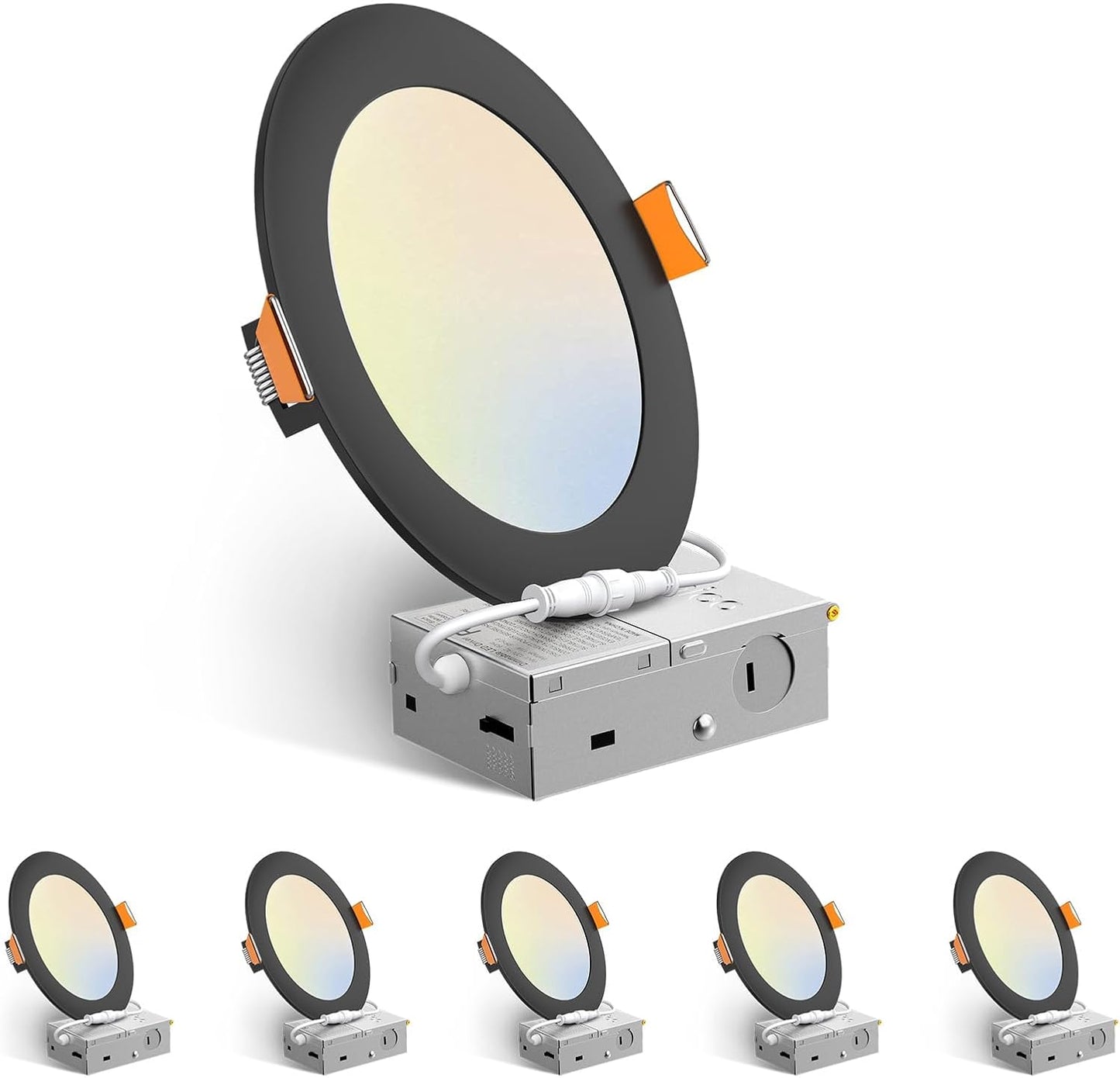 Amico 6 Pack 6 Inch 5CCT Ultra-Thin LED Recessed Ceiling Light with Junction Box, 2700K/3000K/3500K/4000K/5000K Selectable, 12W Eqv 110W 1050LM Brightness Dimmable Canless Wafer Downlight, ETL & FCC