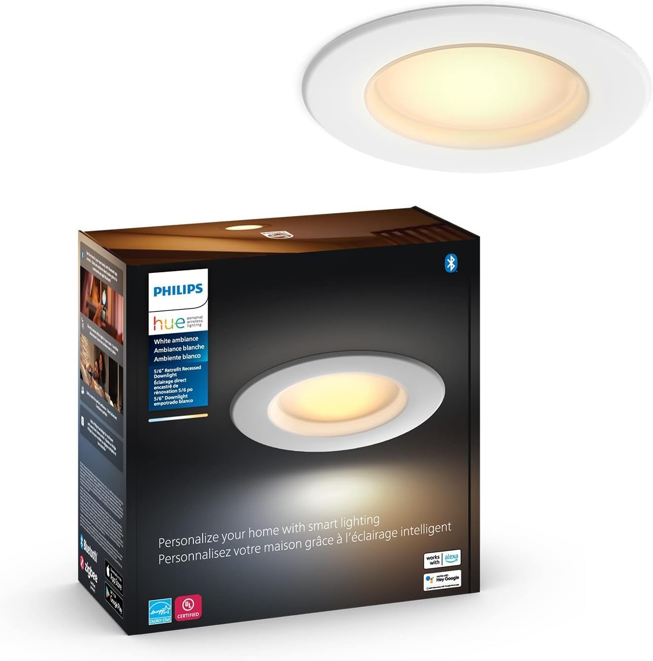 Philips Hue Smart Recessed 5/6 Inch LED Downlight - White and Color Ambiance Color-Changing Light - 1 Pack - 1100LM - Control with Hue App - Compatible with Alexa, Google Assistant and Apple Homekit