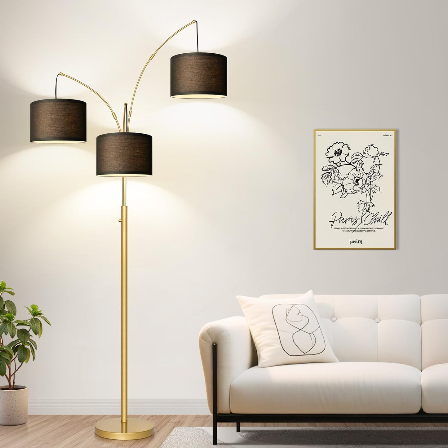Dimmable Floor Lamp - 3 Lights Arc Floor Lamps for Living Room, 1000LM Modern Tall Standing Lamp With Beige Shades & Heavy Base, Mid Century Tree Floor Lamp for Bedroom Office, 3 LED Bulbs Included