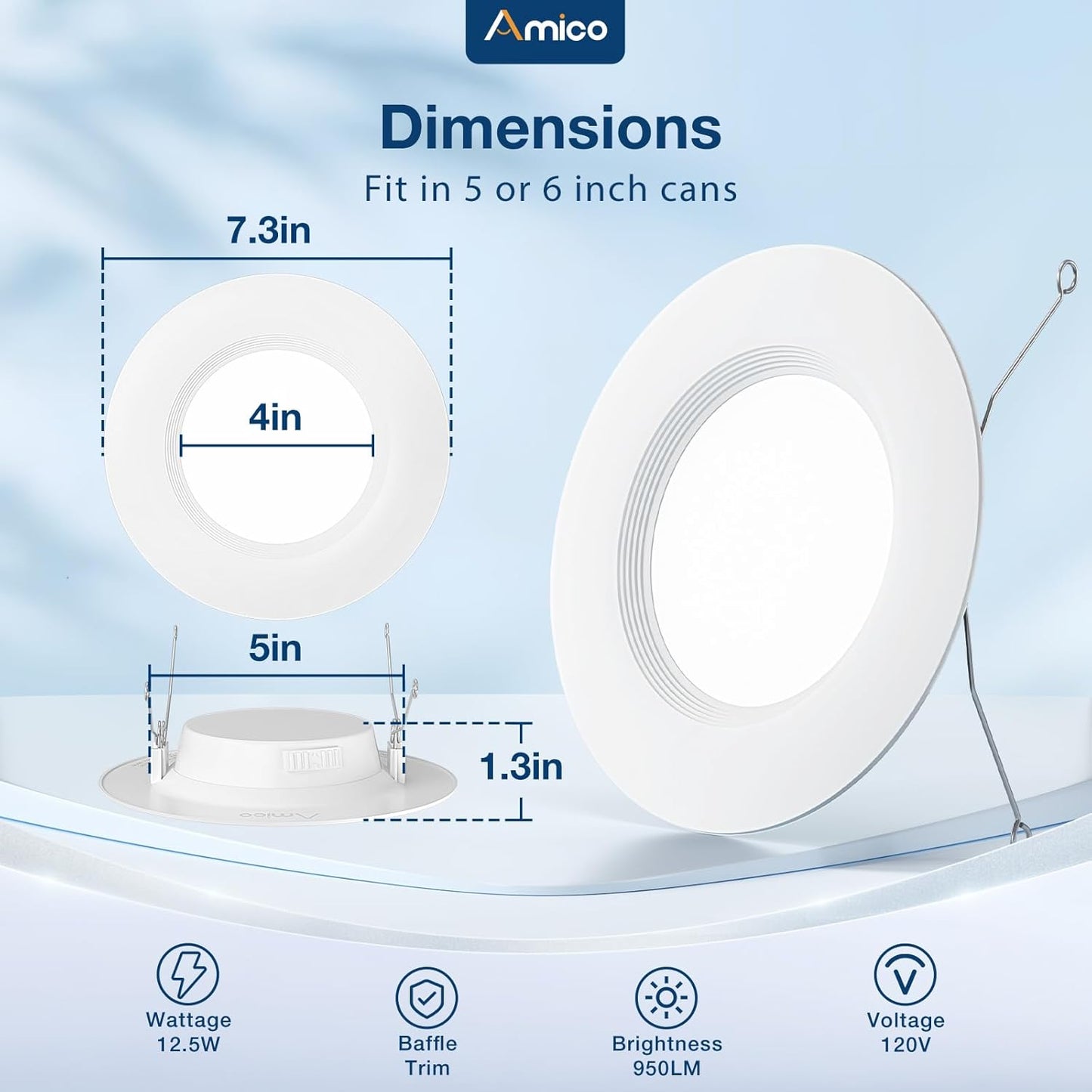 Amico 24 Pack 5/6 inch 5CCT LED Recessed Lighting, Dimmable, 12.5W=100W, 950LM, 2700K/3000K/4000K/5000K/6000K Selectable, Retrofit Can Lights with Baffle Trim, IC Rated - ETL & FCC, White