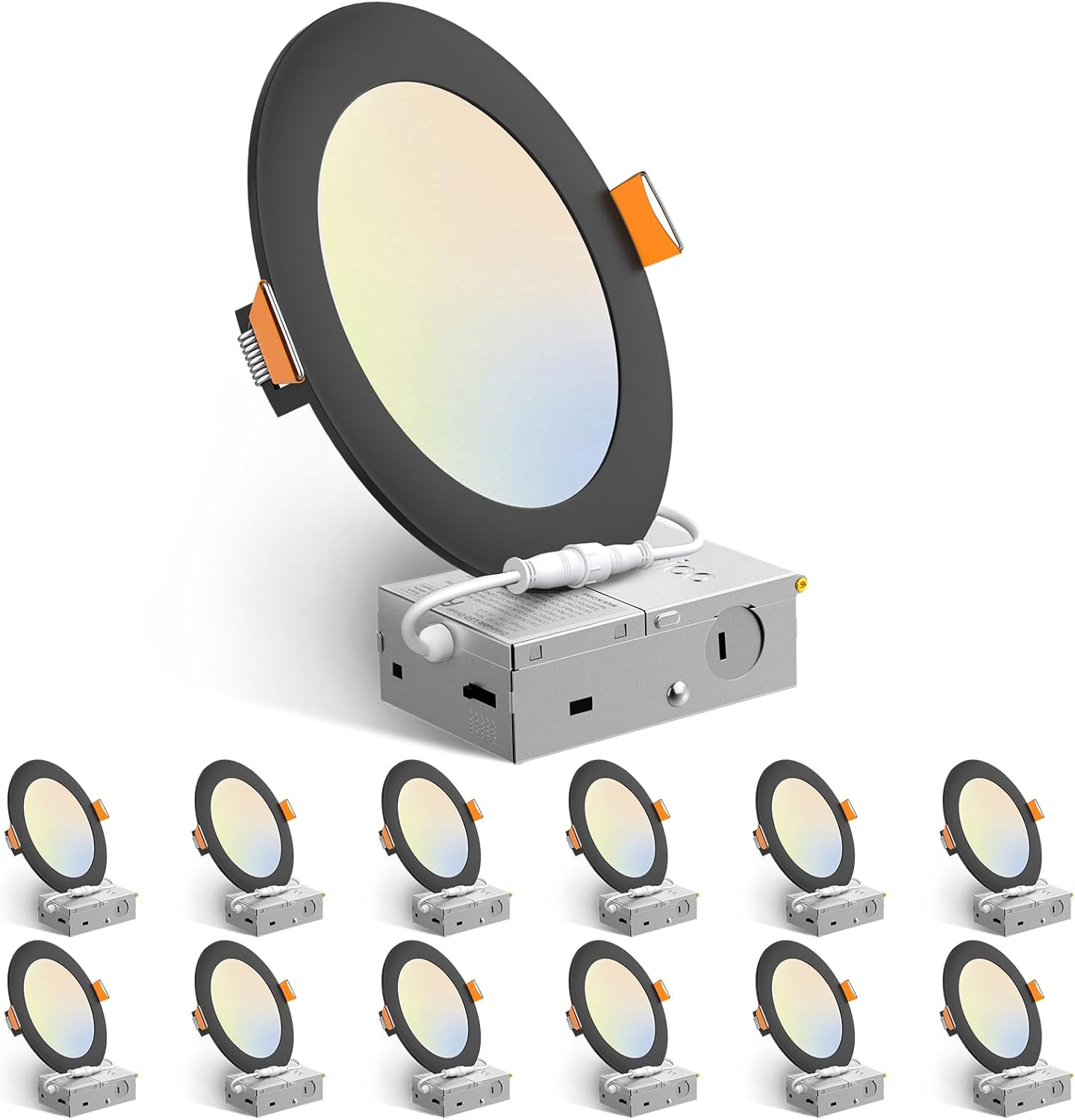 Amico 12 Pack 6 Inch 5CCT Ultra-Thin LED Recessed Ceiling Light with Junction Box, 1050LM Brightness, Dimmable Canless Wafer Downlight, 12W, ETL&FCC