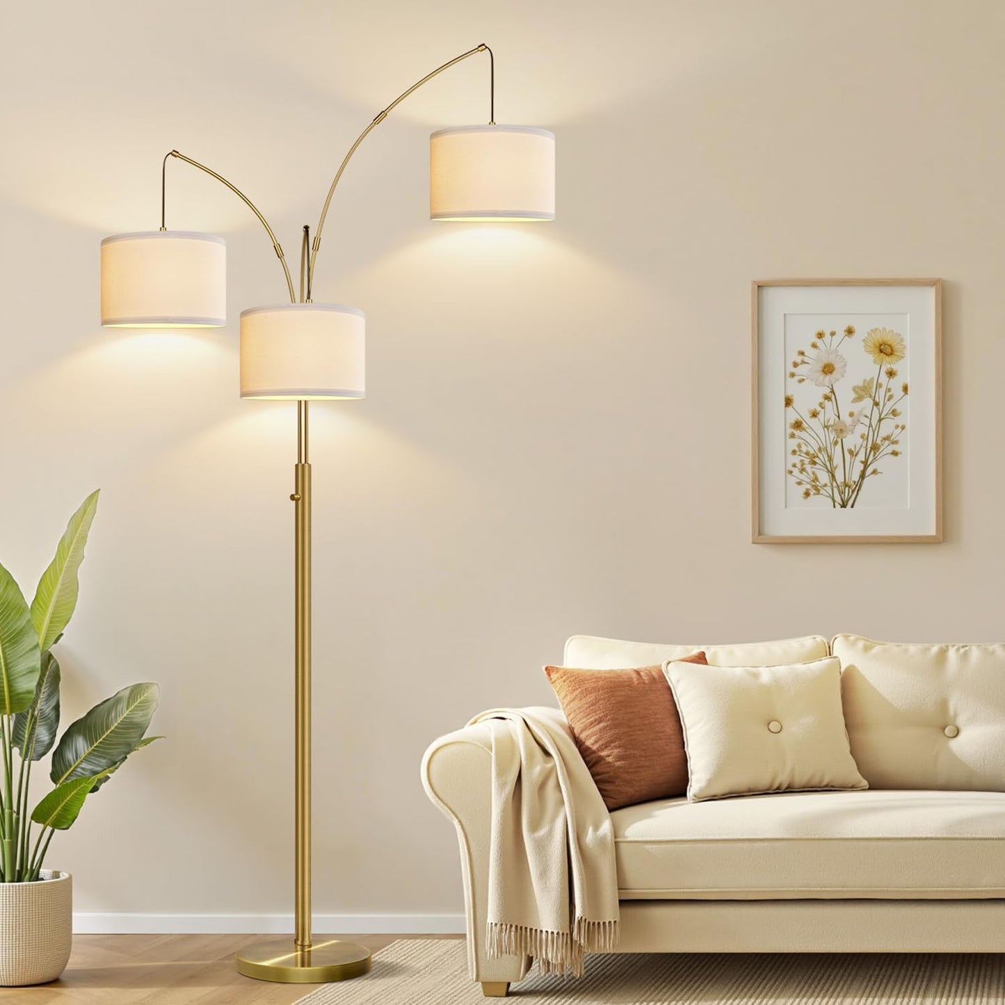 Dimmable Floor Lamp - 3 Lights Arc Floor Lamps for Living Room, 1000LM Modern Tall Standing Lamp With Beige Shades & Heavy Base, Mid Century Tree Floor Lamp for Bedroom Office, 3 LED Bulbs Included