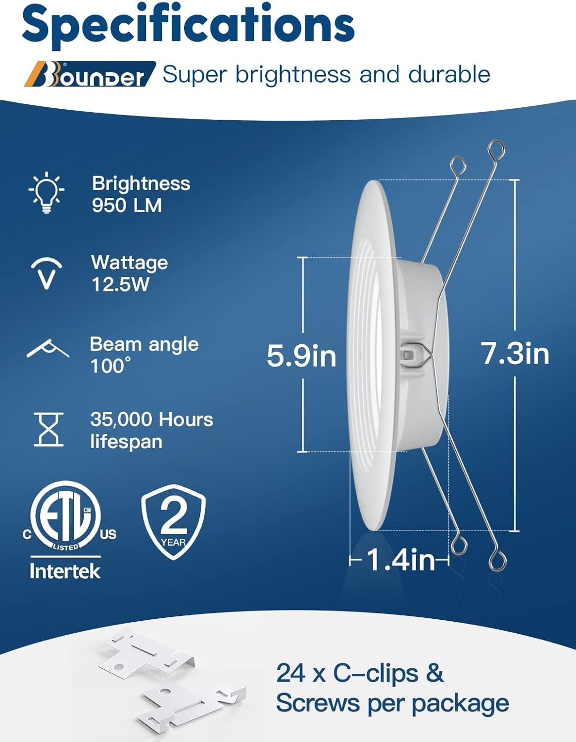 BBOUNDER 12 Pack 5/6 Inch LED Recessed Downlight, Baffle Trim, Dimmable, 12.5W=100W, 5000K Daylight, 950 LM, Damp Rated, Simple Retrofit Installation -No Flicker