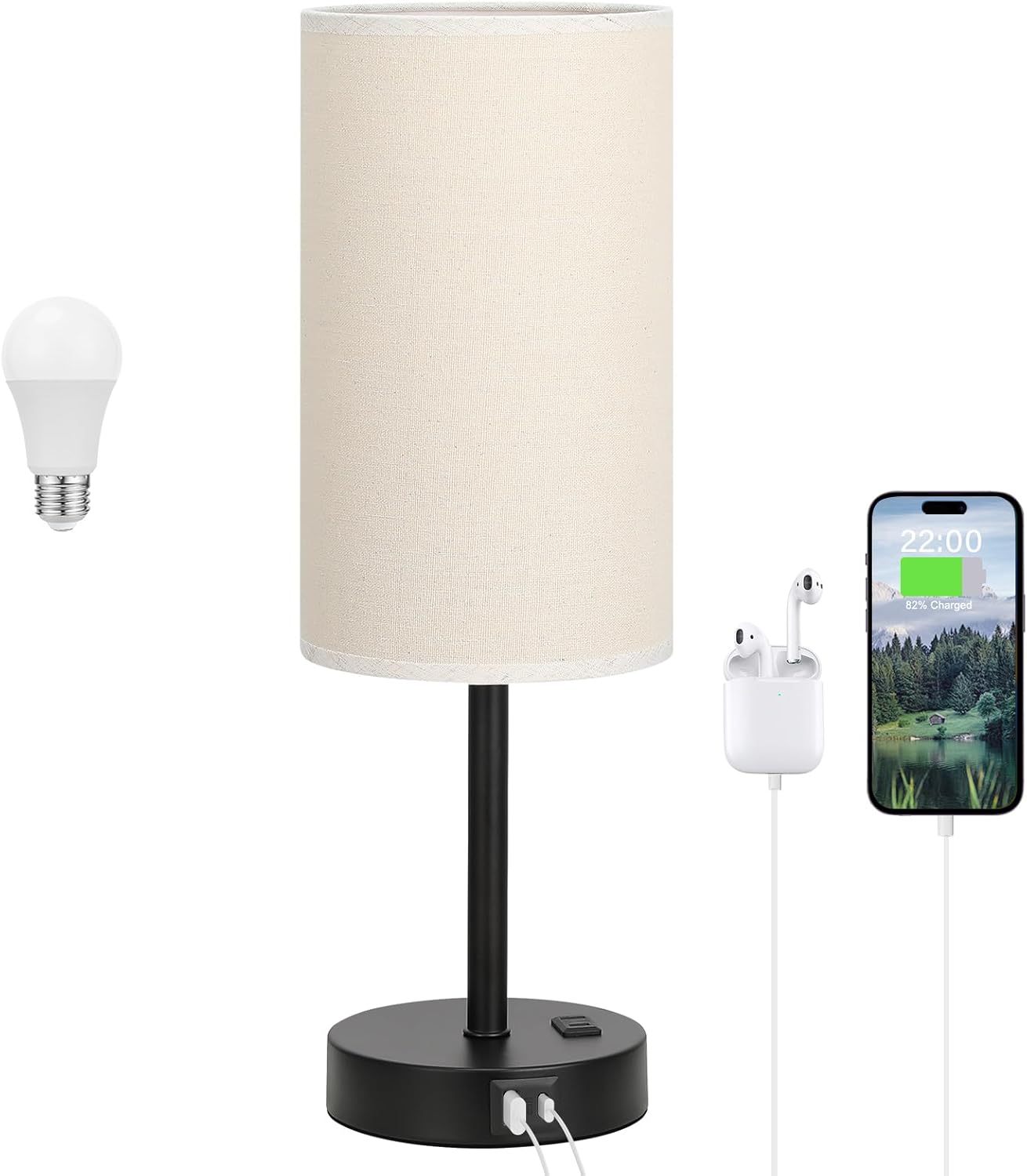 Touch Bedside Table Lamp with USB - 3 Way Dimmable Wood Lamp for Bedroom Nightstand, Desk Lamp with Charging Station for Dorm, Living Room, Office, Kids Room, Nursery, Small