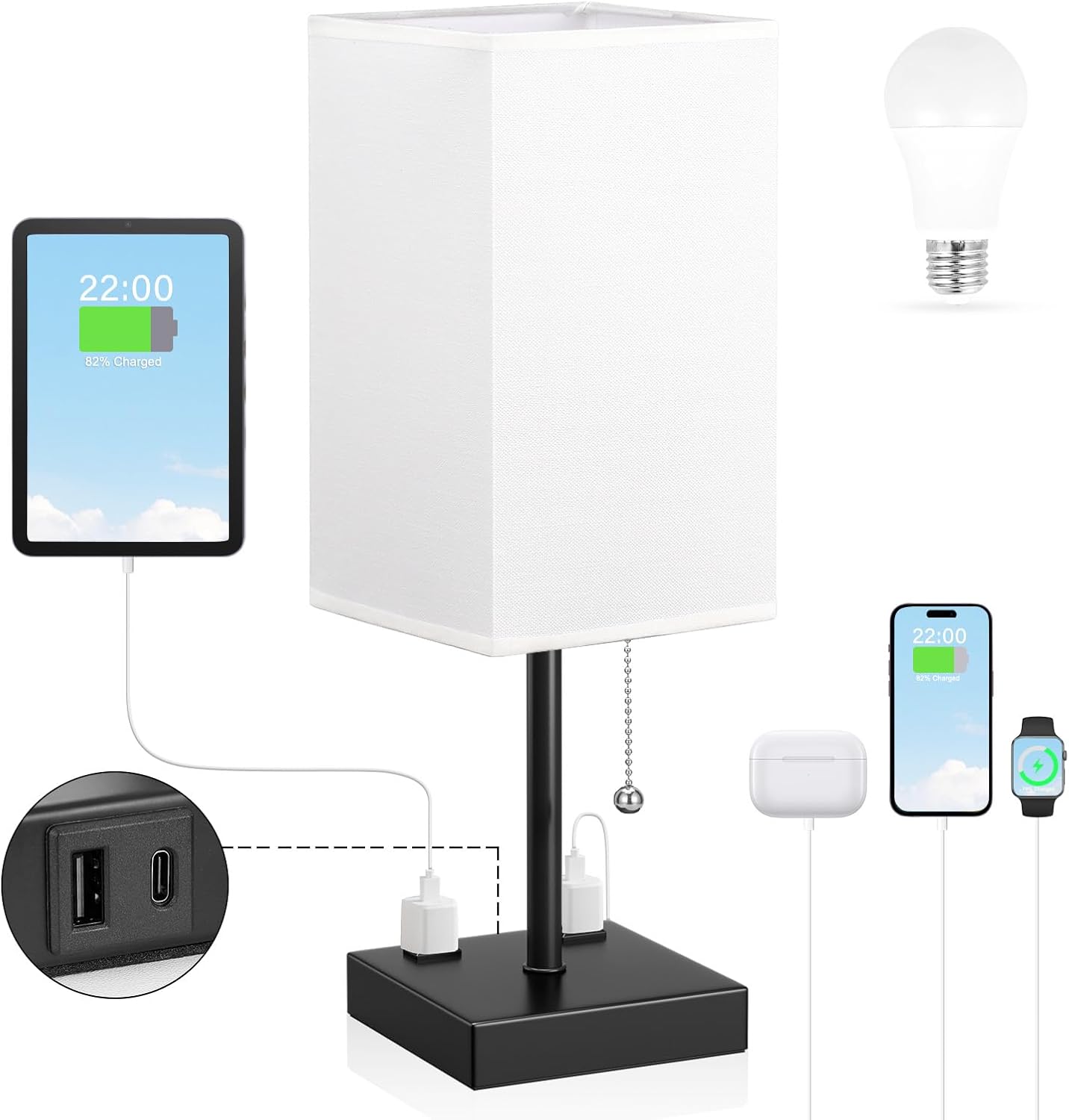 Small Table Lamp for Bedroom - Bedside Lamps for Nightstand, Minimalist Night Stand Light Lamp with Square Fabric Shade, Desk Reading Lamp for Kids Room Living Room Office Dorm