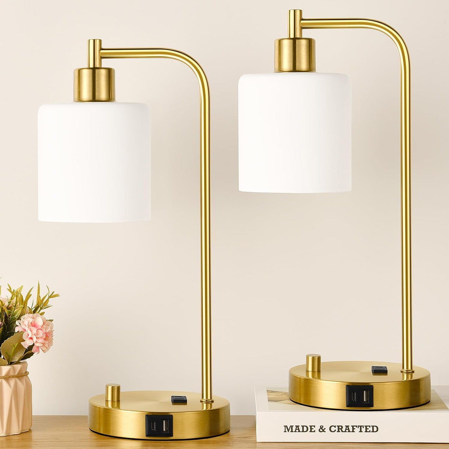 Set of 2 Industrial Table Lamps with USB Port, Fully Stepless Dimmable Bedside Lamps for Bedrooms, Nightstand Desk Lamp with Clear Glass Shade for Reading Living Room Office 2 LED Bulb Included