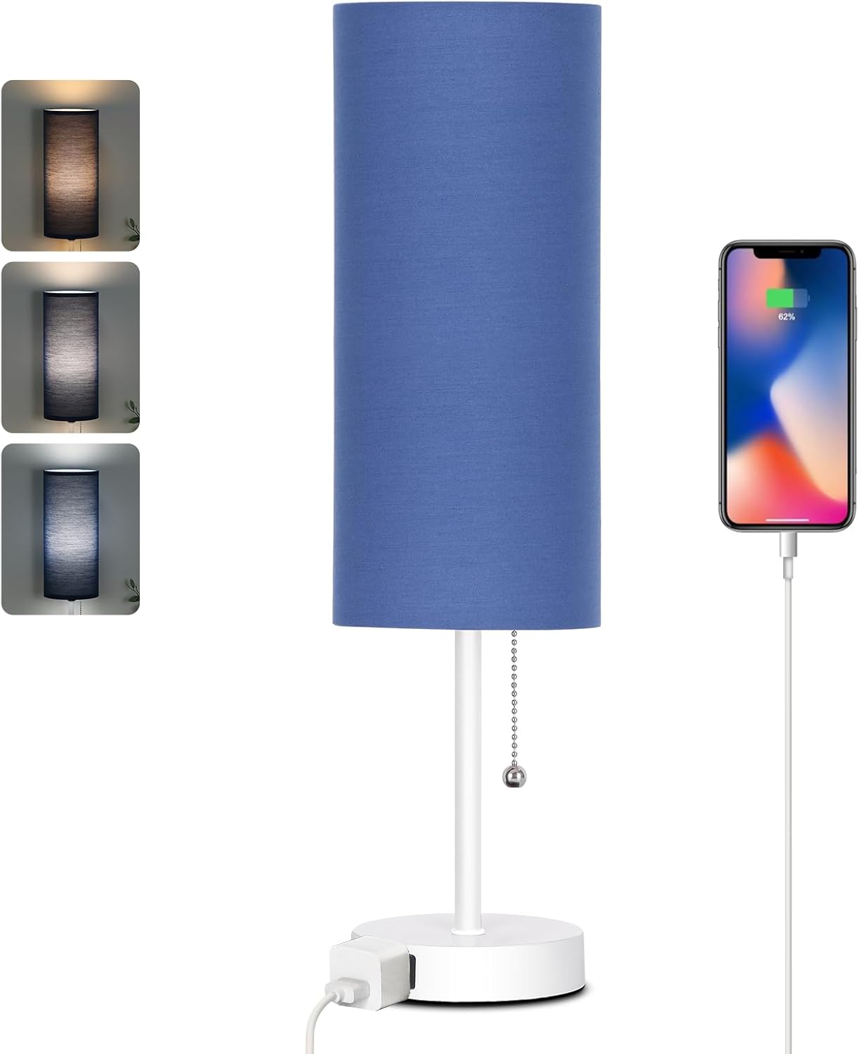 Dott Arts 15" Table Lamp for Bedroom, 3-Color Bedside Lamps with Pull Chain, Bedroom Table Lamps for Nightstand,AC Outlet Small Lamp for Living Room, Bulb Included