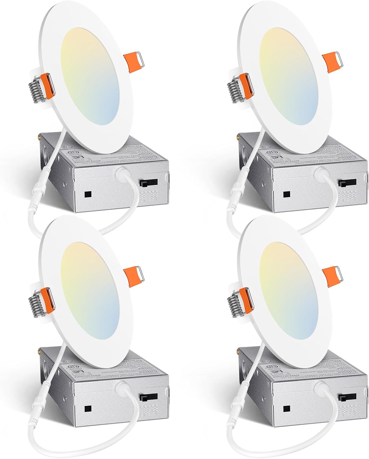 Amico 4 Pack 6 Inch 5CCT Ultra-Thin LED Recessed Ceiling Light with Junction Box, 2700K/3000K/3500K/4000K/5000K Selectable, 12W Eqv 110W 1050LM Brightness Dimmable Canless Wafer Downlight, ETL & FCC