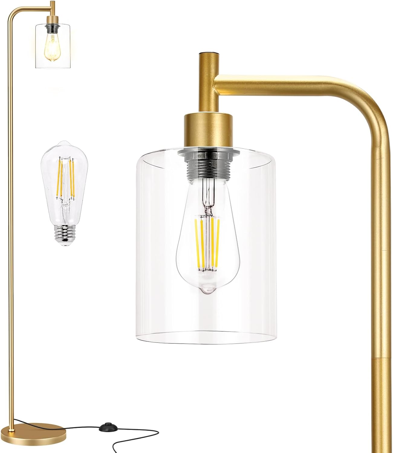 Industrial Floor Lamp with Glass Shade - Black, LED Bulbs, Foot Pedal Switch, Easy Assembly