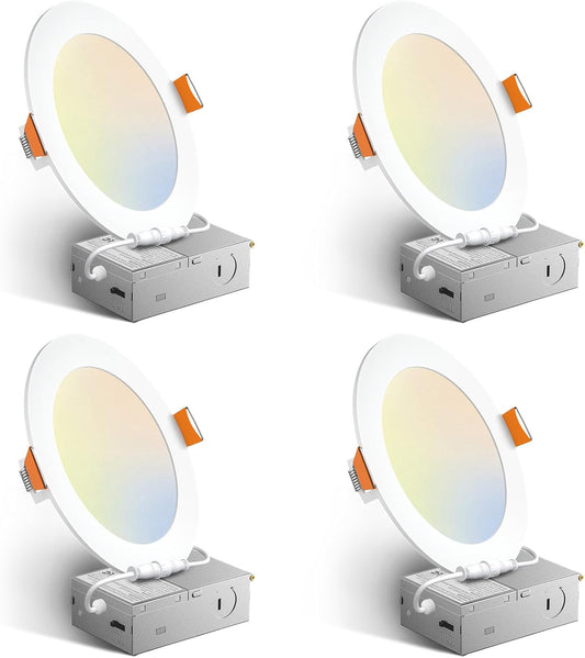 Amico 4 Pack 6 Inch 5CCT Ultra-Thin LED Recessed Ceiling Light with Junction Box, 2700K/3000K/3500K/4000K/5000K Selectable, 12W Eqv 110W 1050LM Brightness Dimmable Canless Wafer Downlight, ETL & FCC