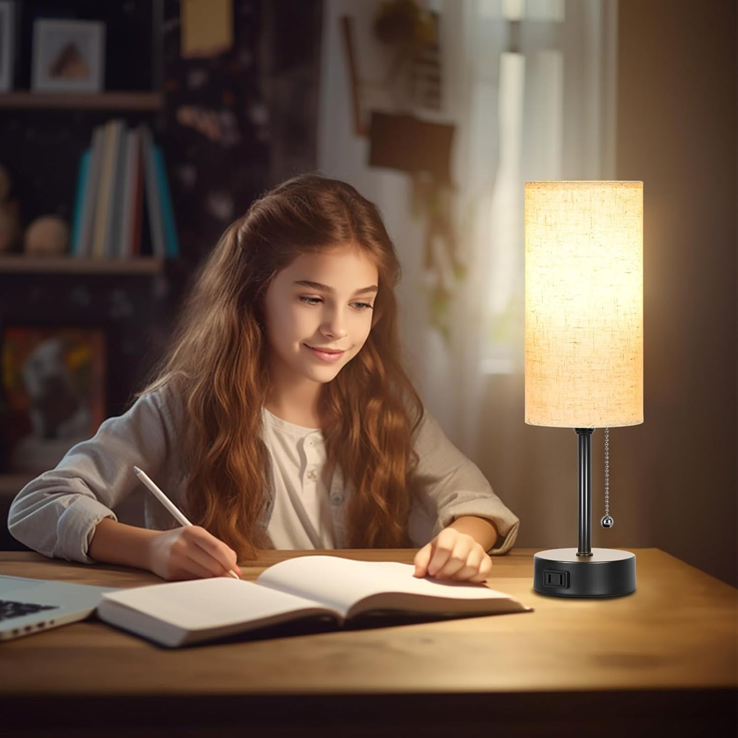 Dott Arts 15" Table Lamp for Bedroom, 3-Color Bedside Lamps with Pull Chain, Bedroom Table Lamps for Nightstand,AC Outlet Small Lamp for Living Room, Bulb Included