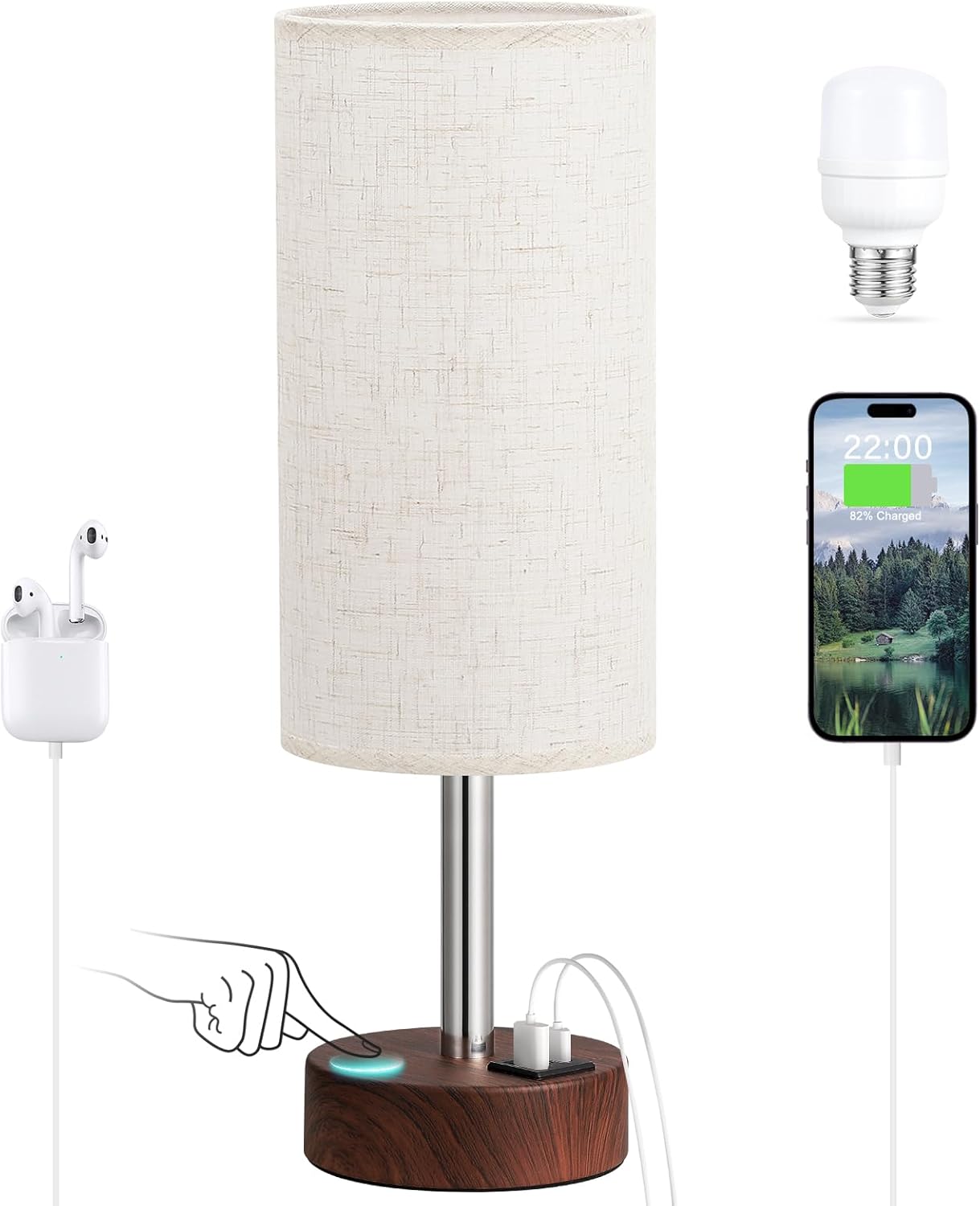 Touch Bedside Table Lamp with USB - 3 Way Dimmable Wood Lamp for Bedroom Nightstand, Desk Lamp with Charging Station for Dorm, Living Room, Office, Kids Room, Nursery, Small