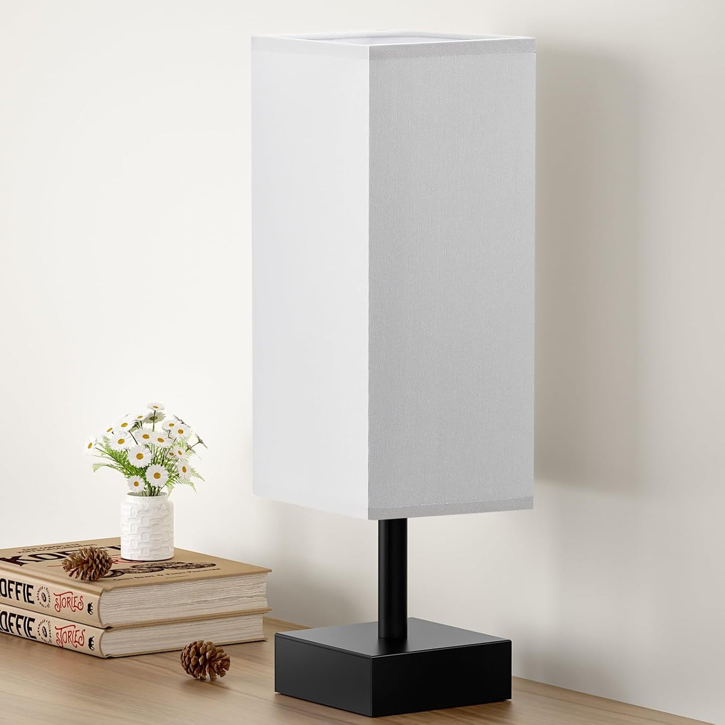 Small Table Lamp for Bedroom - Bedside Lamps for Nightstand, Minimalist Night Stand Light Lamp with Square Fabric Shade, Desk Reading Lamp for Kids Room Living Room Office Dorm