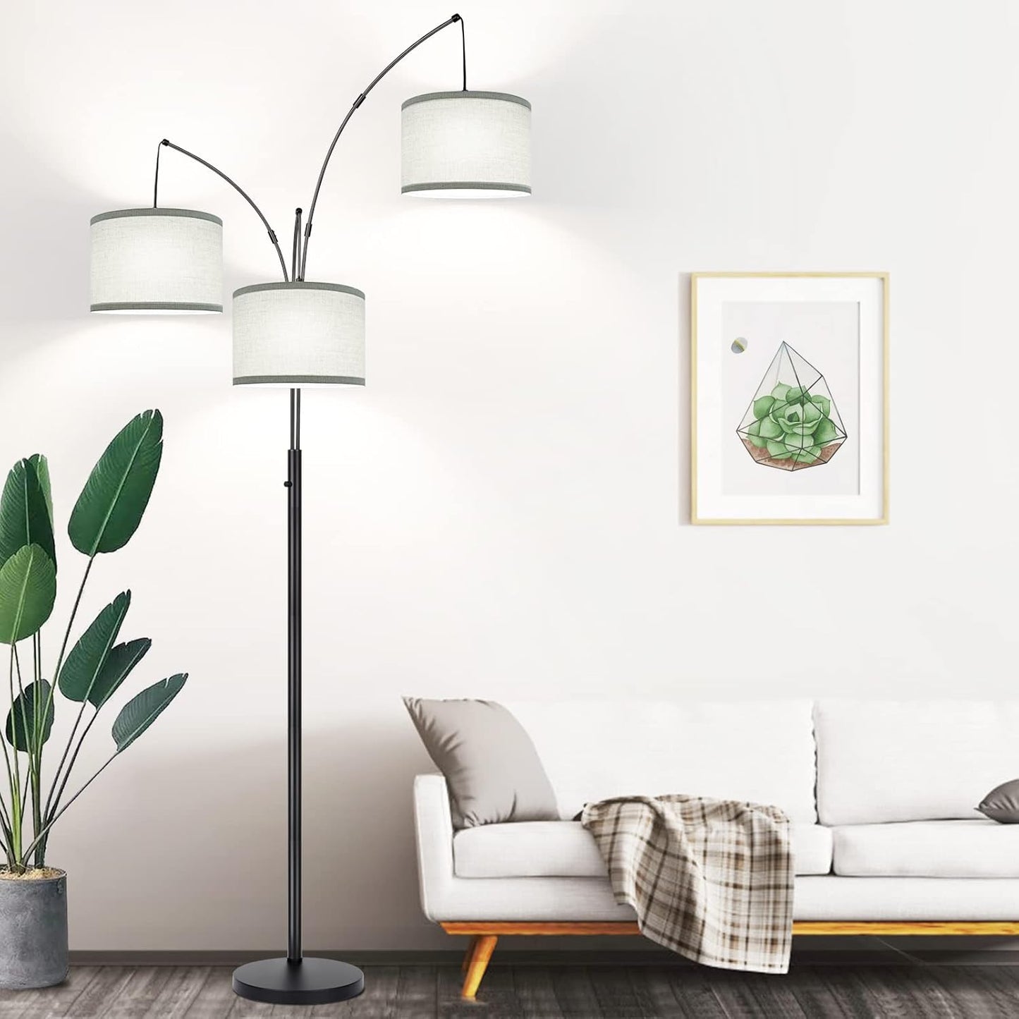 Dimmable Floor Lamp - 3 Lights Arc Floor Lamps for Living Room, 1000LM Modern Tall Standing Lamp With Beige Shades & Heavy Base, Mid Century Tree Floor Lamp for Bedroom Office, 3 LED Bulbs Included