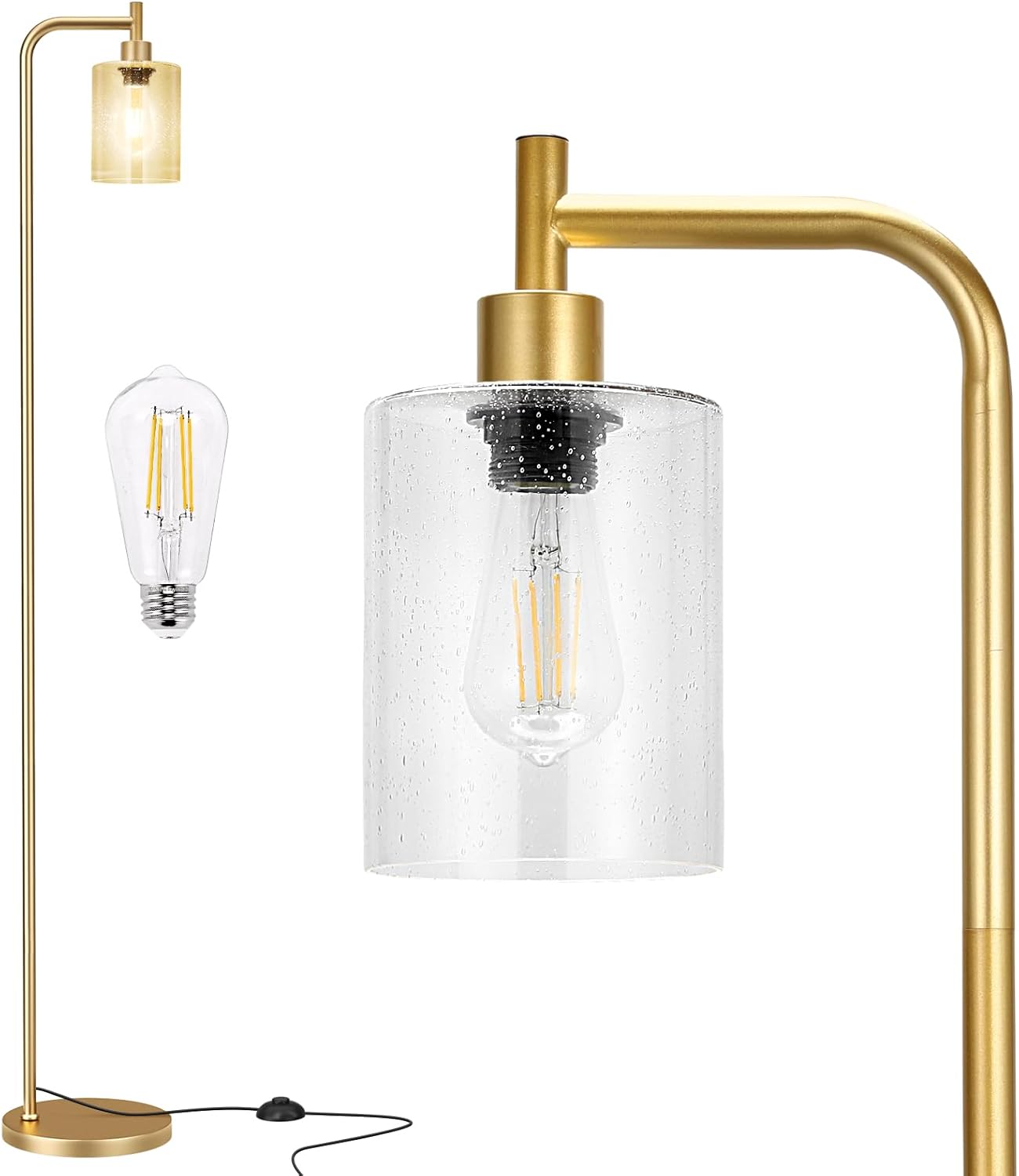 Industrial Floor Lamp with Glass Shade - Black, LED Bulbs, Foot Pedal Switch, Easy Assembly