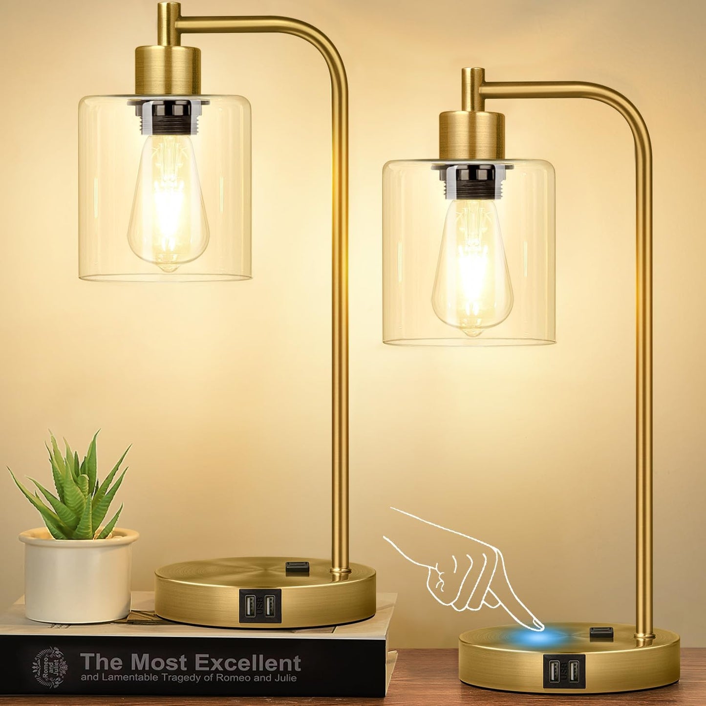 Set of 2 Industrial Touch Control Table Lamps with 2 USB Ports and AC Outlet - 3-Way Dimmable Black Bedside Lamps Nightstand Desk Lamps for Bedroom Living Room, Glass Shade & 2 LED Bulbs Included