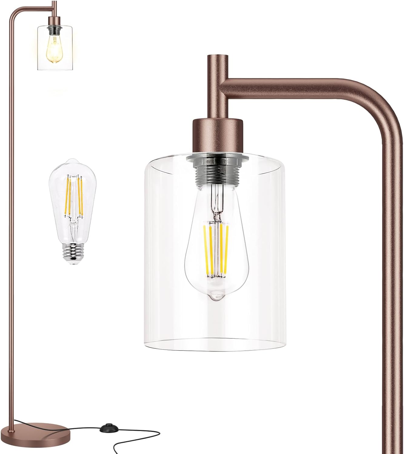 Industrial Floor Lamp with Glass Shade - Black, LED Bulbs, Foot Pedal Switch, Easy Assembly