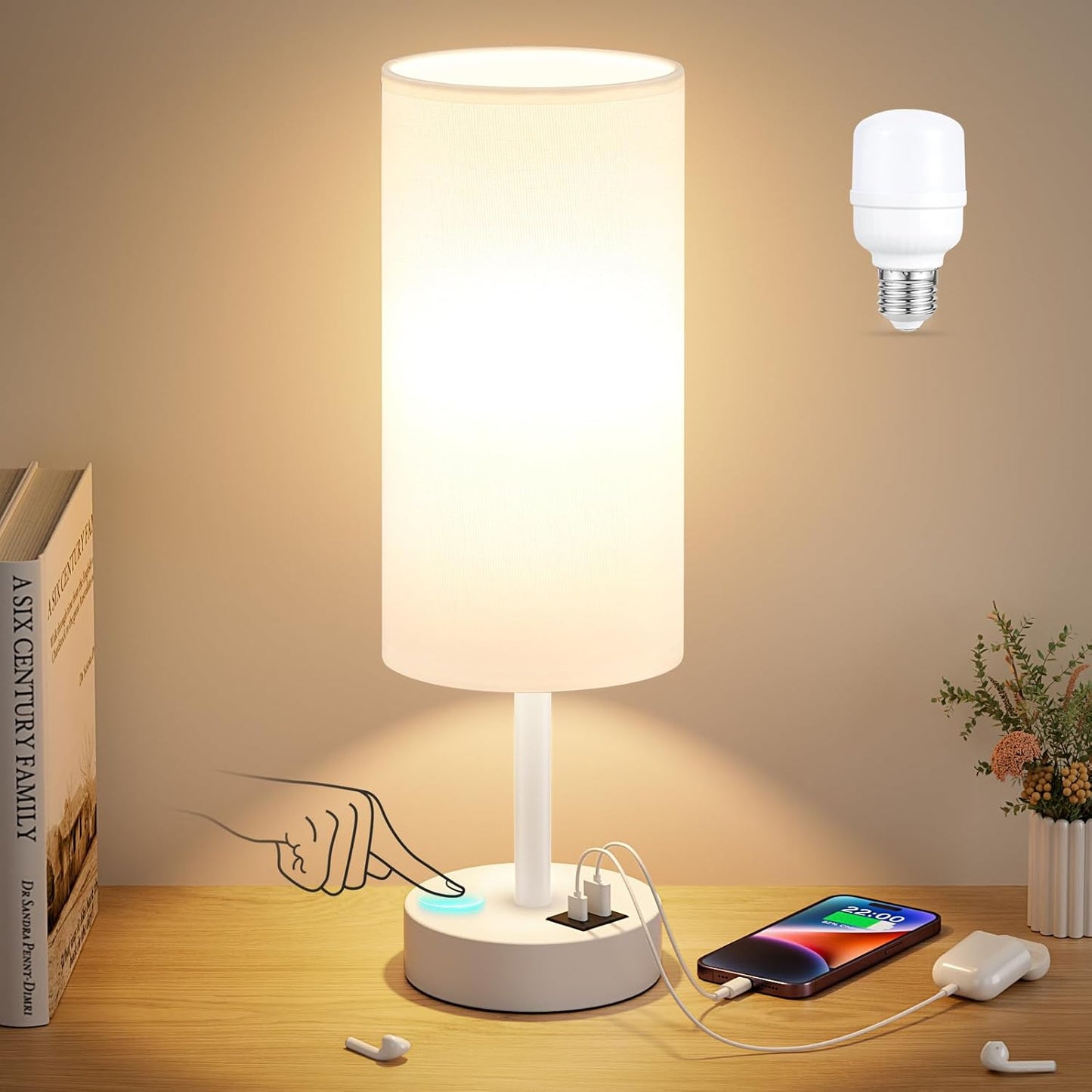 Touch Bedside Table Lamp with USB - 3 Way Dimmable Wood Lamp for Bedroom Nightstand, Desk Lamp with Charging Station for Dorm, Living Room, Office, Kids Room, Nursery, Small
