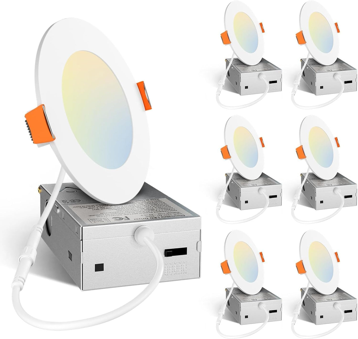 Amico 6 Pack 6 Inch 5CCT Ultra-Thin LED Recessed Ceiling Light with Junction Box, 2700K/3000K/3500K/4000K/5000K Selectable, 12W Eqv 110W 1050LM Brightness Dimmable Canless Wafer Downlight, ETL & FCC