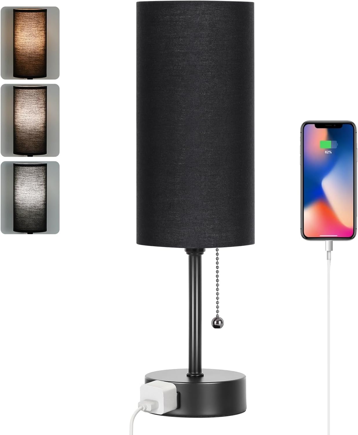 Dott Arts 15" Table Lamp for Bedroom, 3-Color Bedside Lamps with Pull Chain, Bedroom Table Lamps for Nightstand,AC Outlet Small Lamp for Living Room, Bulb Included