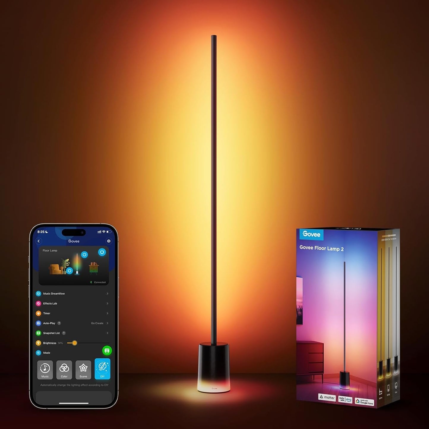 Govee Floor Lamp 2 with Matter, RGBIC, Warm Cool White LED, Alexa Compatible, 1725lm, Music Sync, Scene Modes, Smart Floor Lamp for Living Room, Bedroom, Silver(1 Pack)