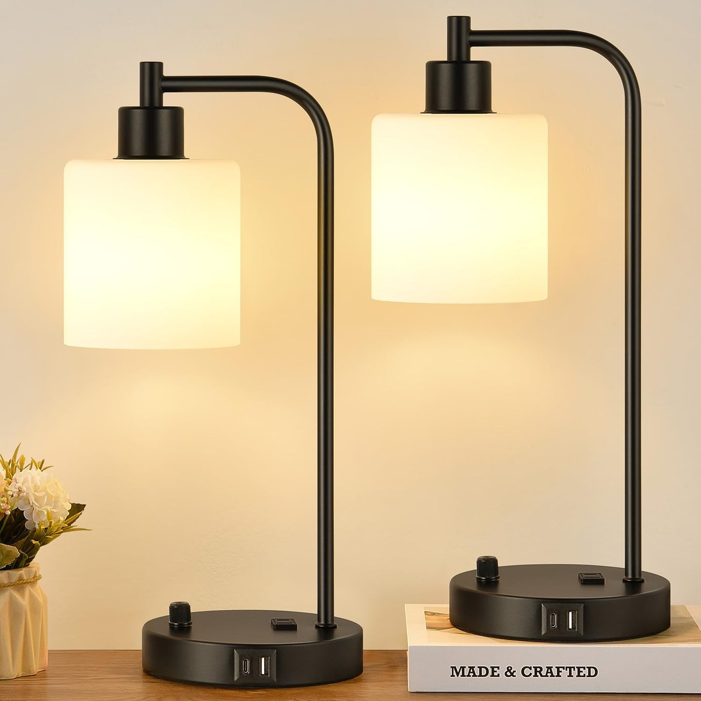 Set of 2 Industrial Table Lamps with USB Port, Fully Stepless Dimmable Bedside Lamps for Bedrooms, Nightstand Desk Lamp with Clear Glass Shade for Reading Living Room Office 2 LED Bulb Included
