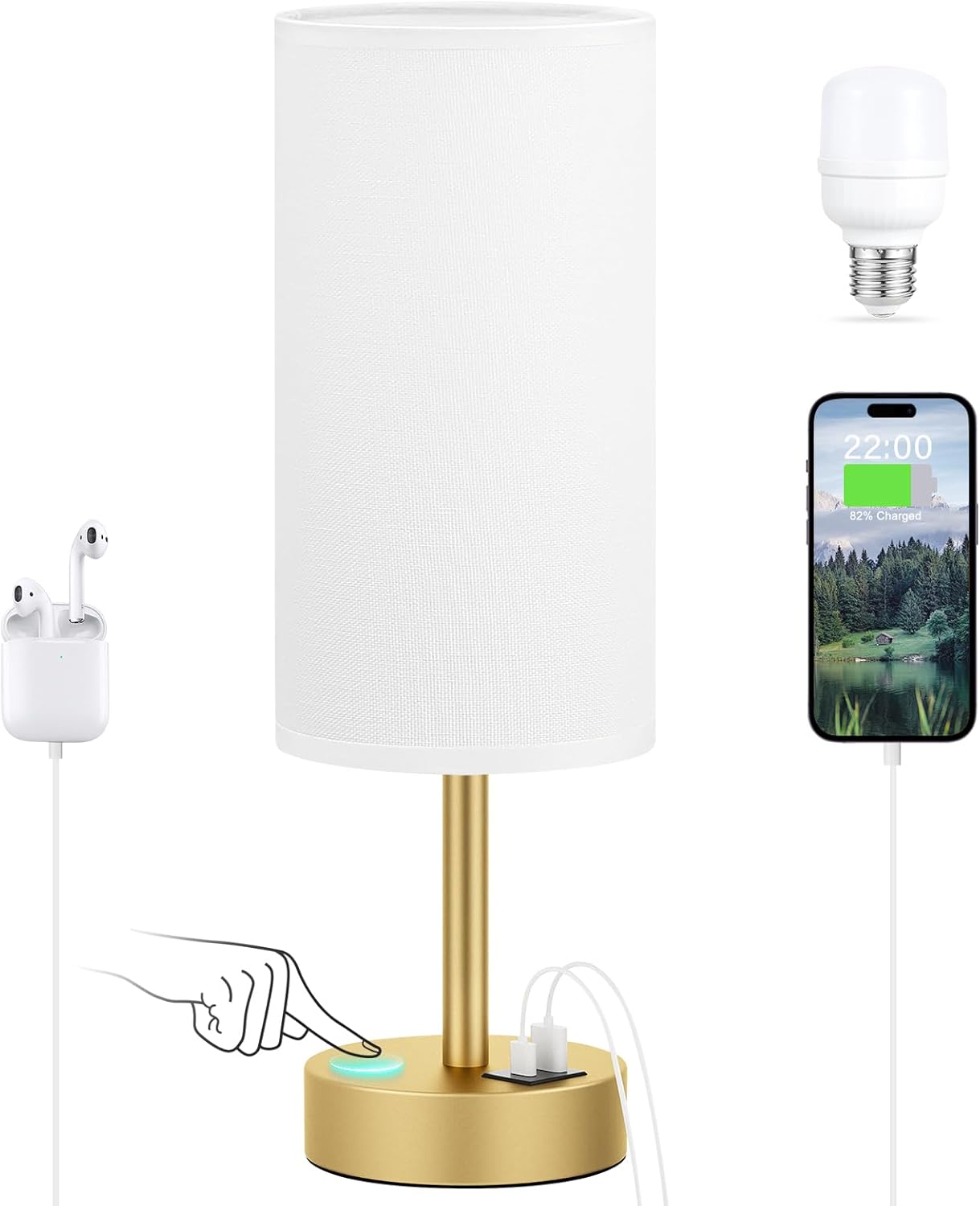 Touch Bedside Table Lamp with USB - 3 Way Dimmable Wood Lamp for Bedroom Nightstand, Desk Lamp with Charging Station for Dorm, Living Room, Office, Kids Room, Nursery, Small