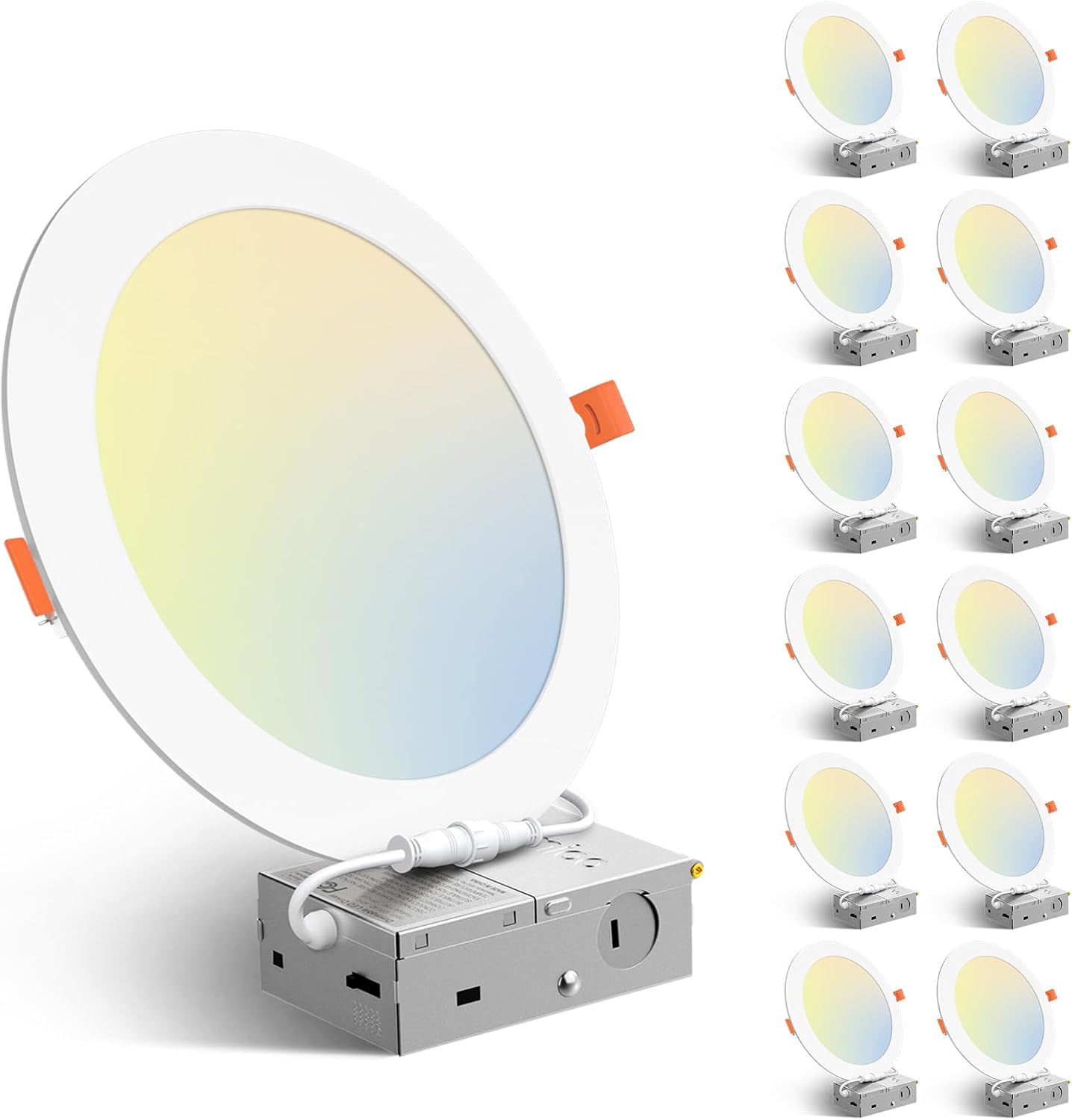 Amico 12 Pack 6 Inch 5CCT Ultra-Thin LED Recessed Ceiling Light with Junction Box, 1050LM Brightness, Dimmable Canless Wafer Downlight, 12W, ETL&FCC