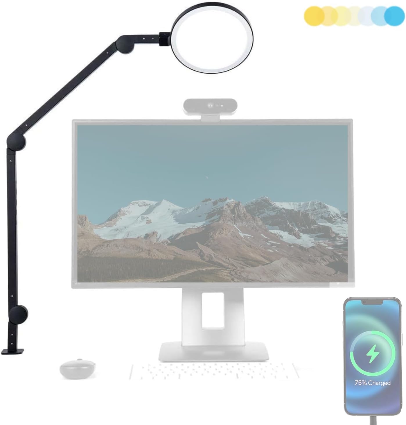LUME CUBE Edge 2.0 LED Desk Lamp | Dimmable Home Office Desk Light with USB Charging Port & Strong Swing Arm | Adjustable Color Temperature and Brightness | Circle Webcam Light - White