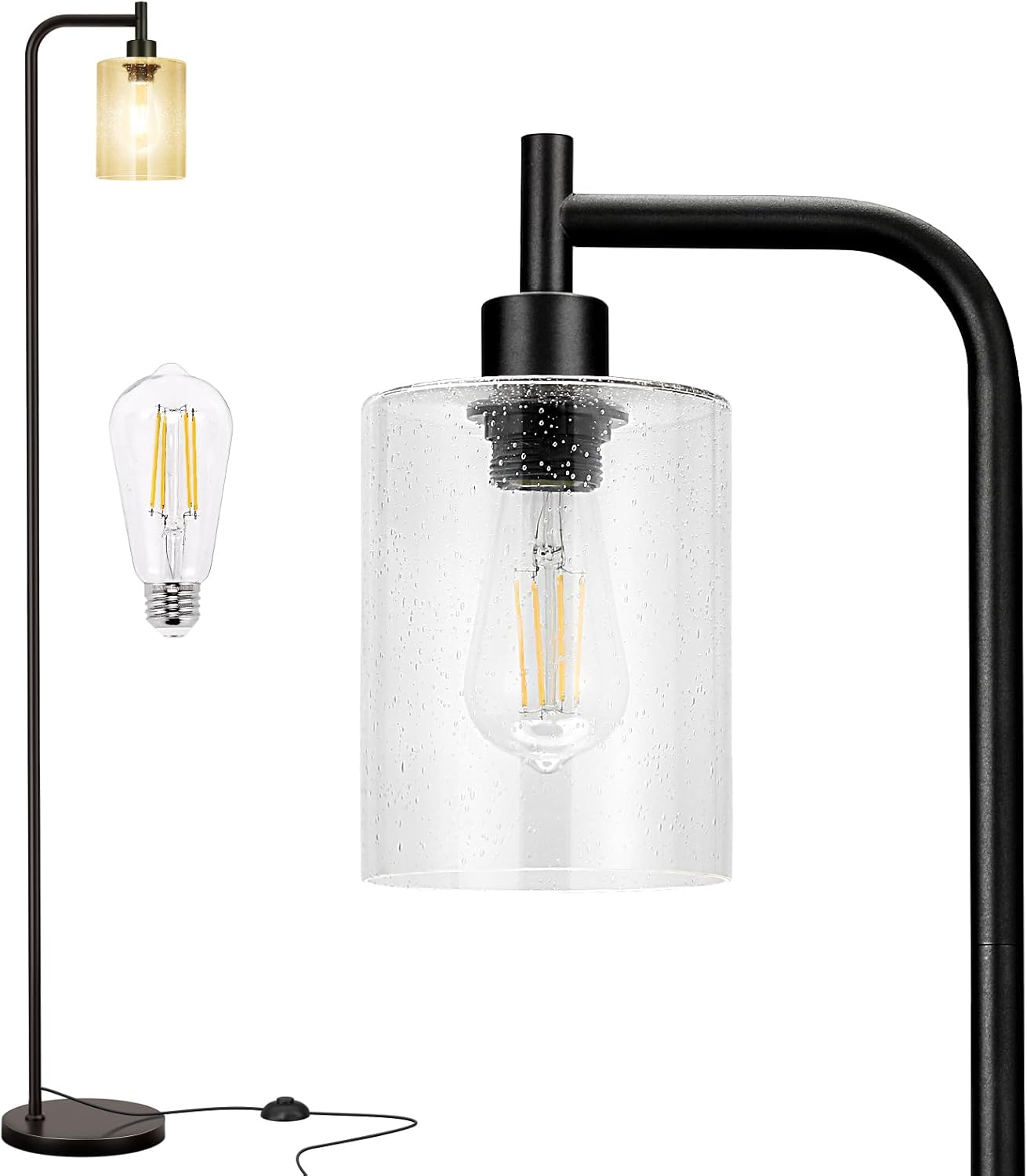 Industrial Floor Lamp with Glass Shade - Black, LED Bulbs, Foot Pedal Switch, Easy Assembly