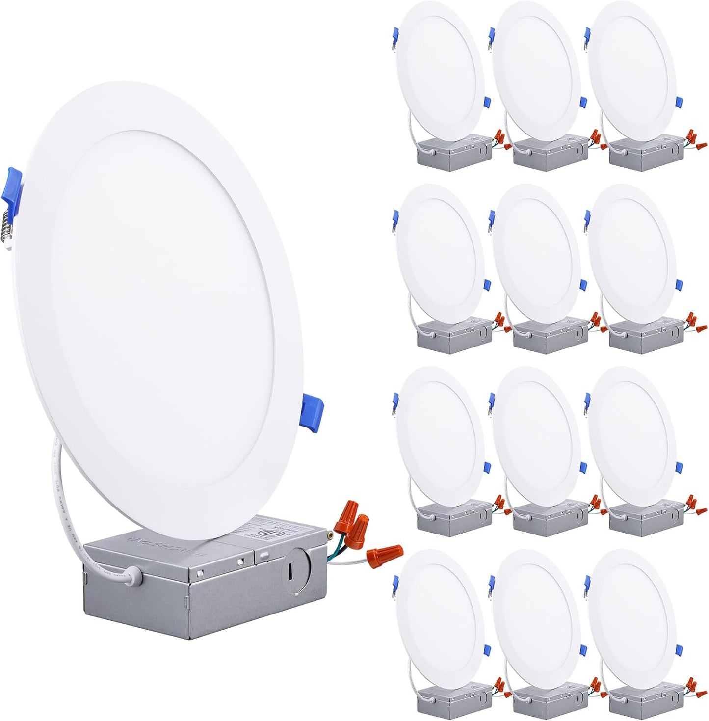 TORCHSTAR Basic Series 12-Pack 6 Inch Ultra-Thin LED Recessed Lighting with Junction Box, CRI90, Aluminum, 5000K Daylight, 5%-100% Dimmable Slim Recessed Downlight, 12W 1100LM, ETL and Energy Star