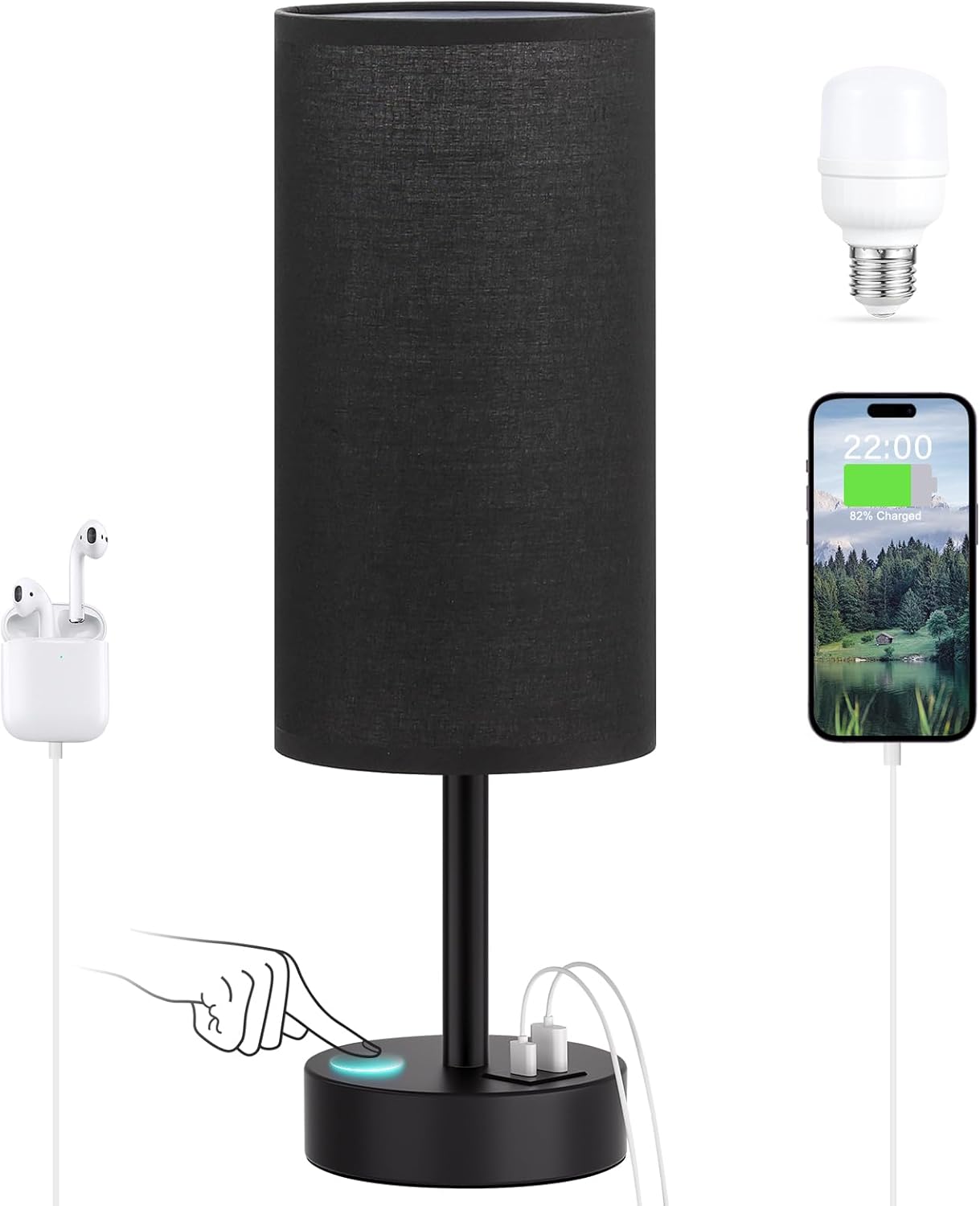 Touch Bedside Table Lamp with USB - 3 Way Dimmable Wood Lamp for Bedroom Nightstand, Desk Lamp with Charging Station for Dorm, Living Room, Office, Kids Room, Nursery, Small