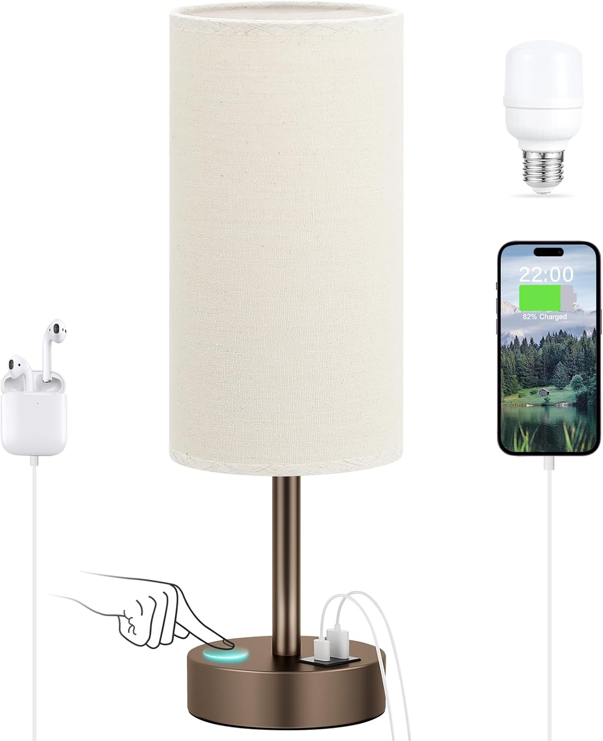 Touch Bedside Table Lamp with USB - 3 Way Dimmable Wood Lamp for Bedroom Nightstand, Desk Lamp with Charging Station for Dorm, Living Room, Office, Kids Room, Nursery, Small