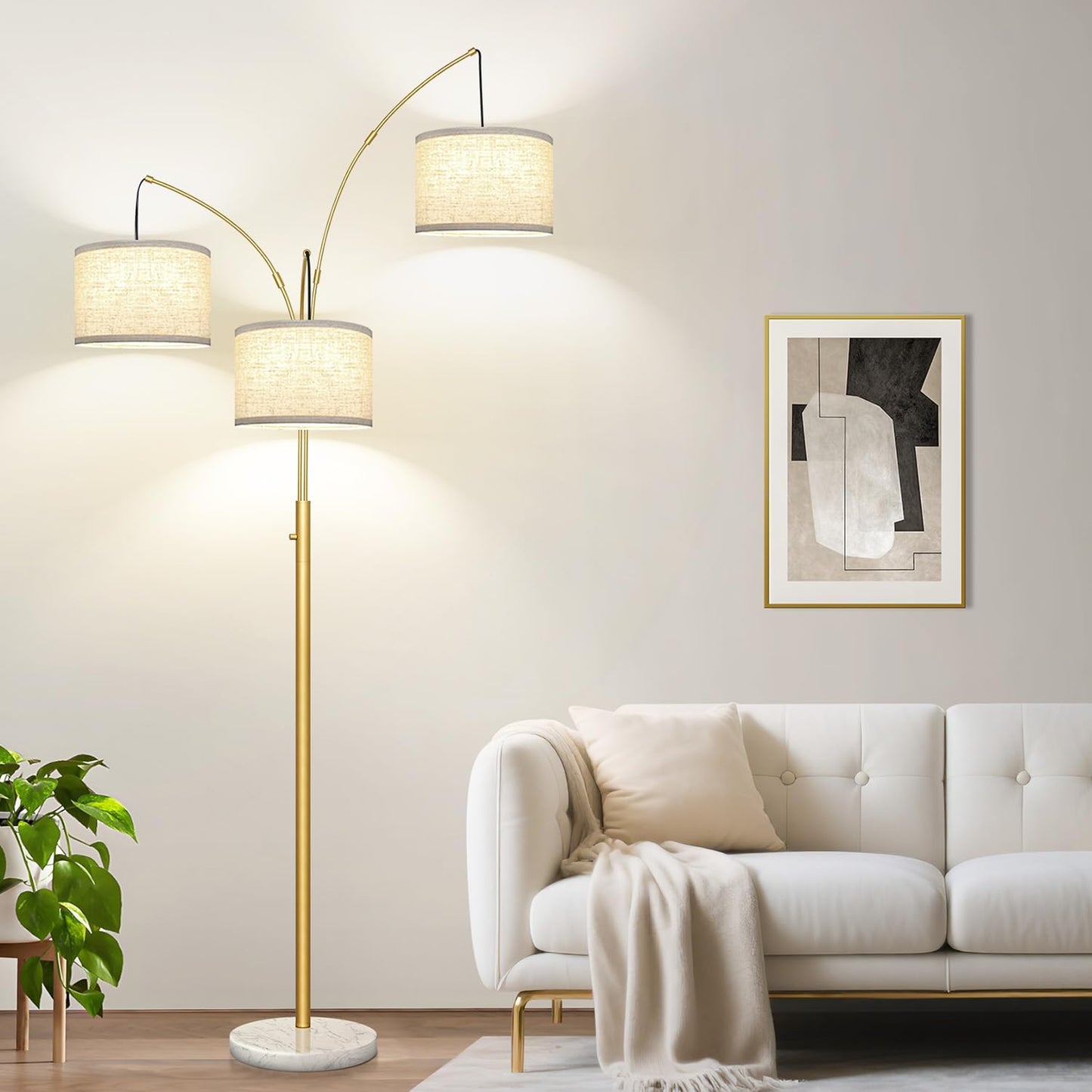 Dimmable Floor Lamp - 3 Lights Arc Floor Lamps for Living Room, 1000LM Modern Tall Standing Lamp With Beige Shades & Heavy Base, Mid Century Tree Floor Lamp for Bedroom Office, 3 LED Bulbs Included