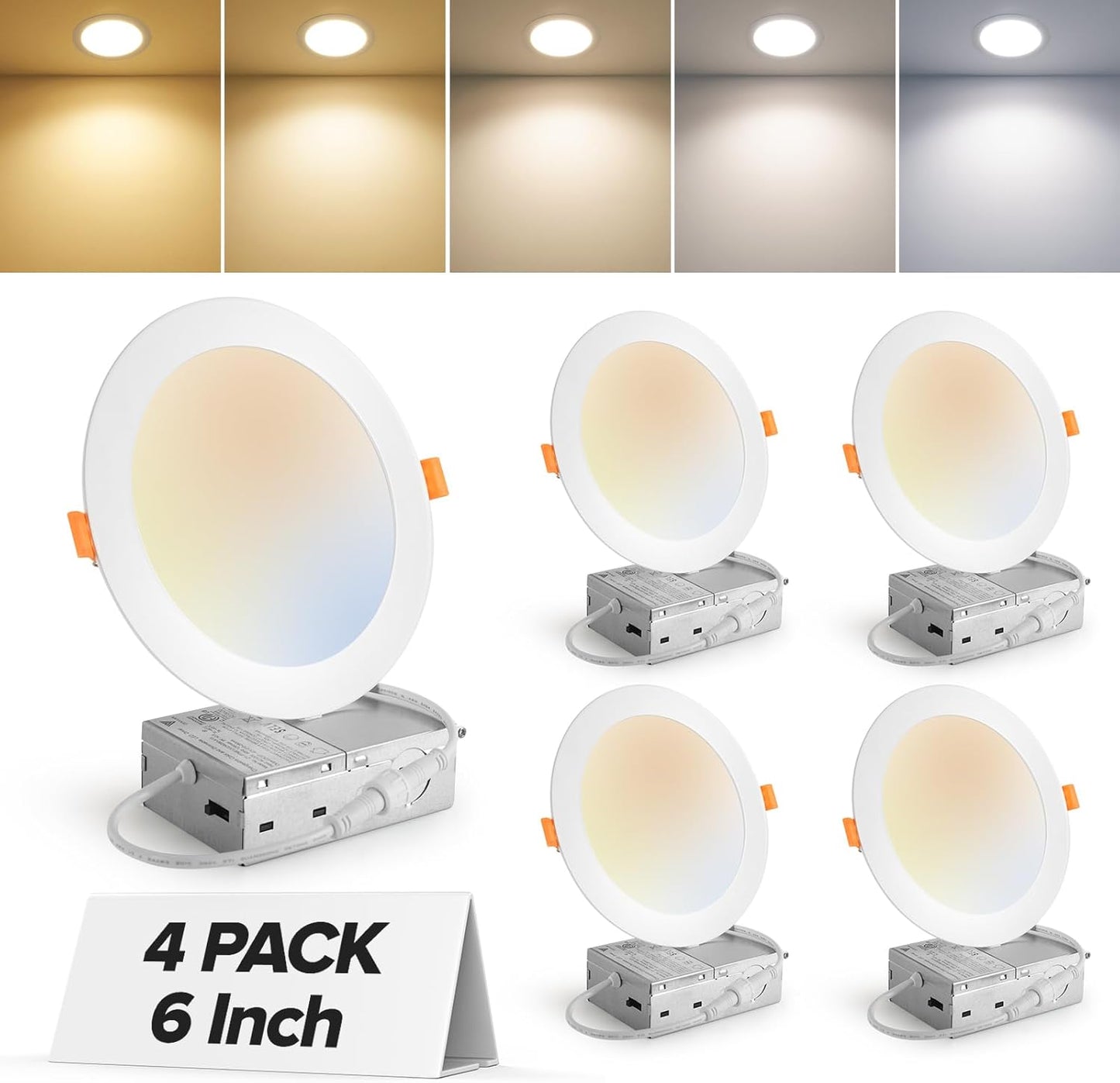 MAILCOS 12 Pack 6 Inch 5CCT Ultra-Thin LED Recessed Ceiling Light with Junction Box, 2700K-5000K Selectable, 1050LM High Brightness, Dimmable Canless Wafer Downlight, 12W 120V, ETL