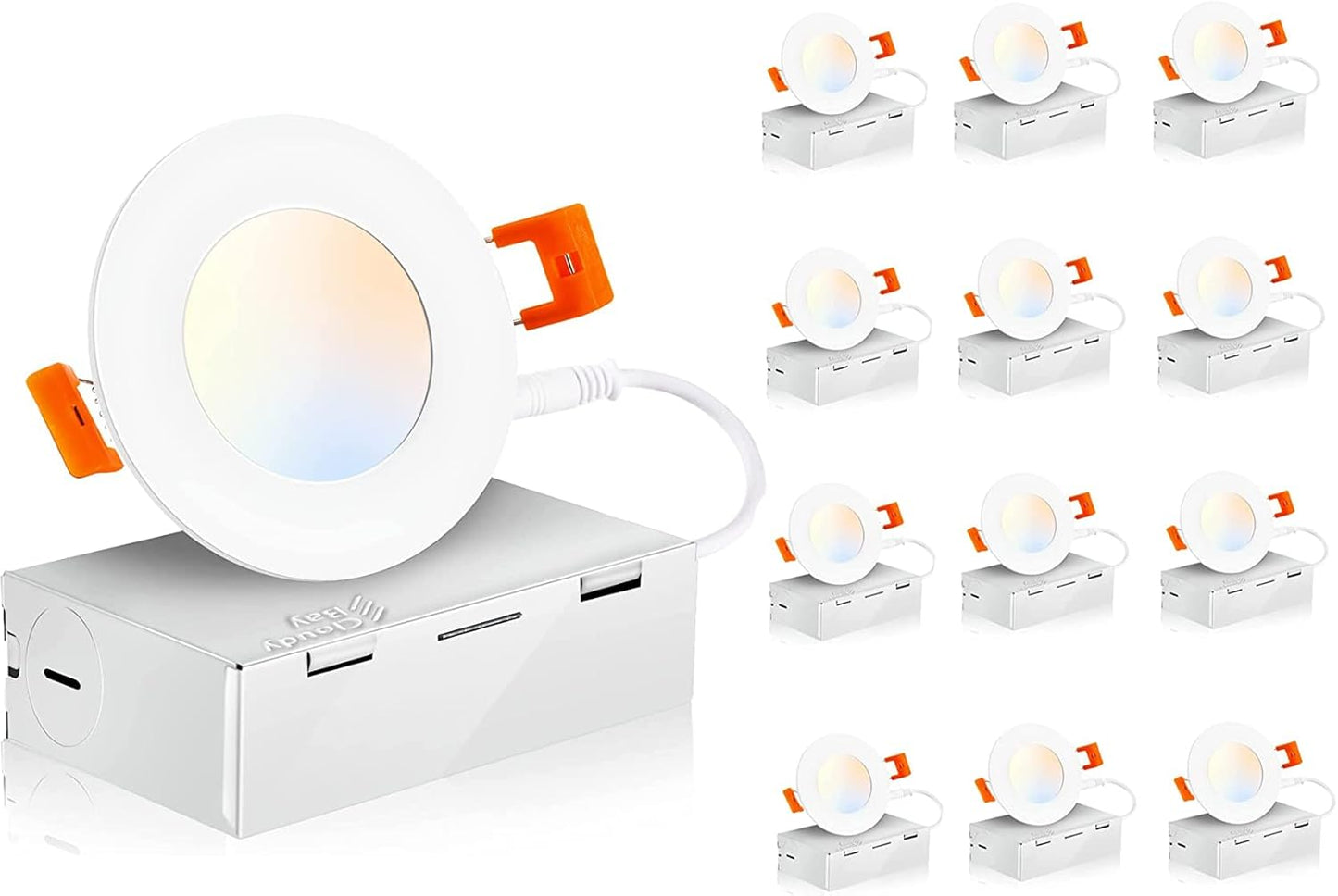 CLOUDY BAY 4 inch 3000K/4000K/5000K Three Color Temperature Selectable, Dimmable 10W CRI 90+, IC Rated,Ultra Thin Recessed Downlight with Junction Box, Canless Wafer Downlight,White Finish, 12 Pack