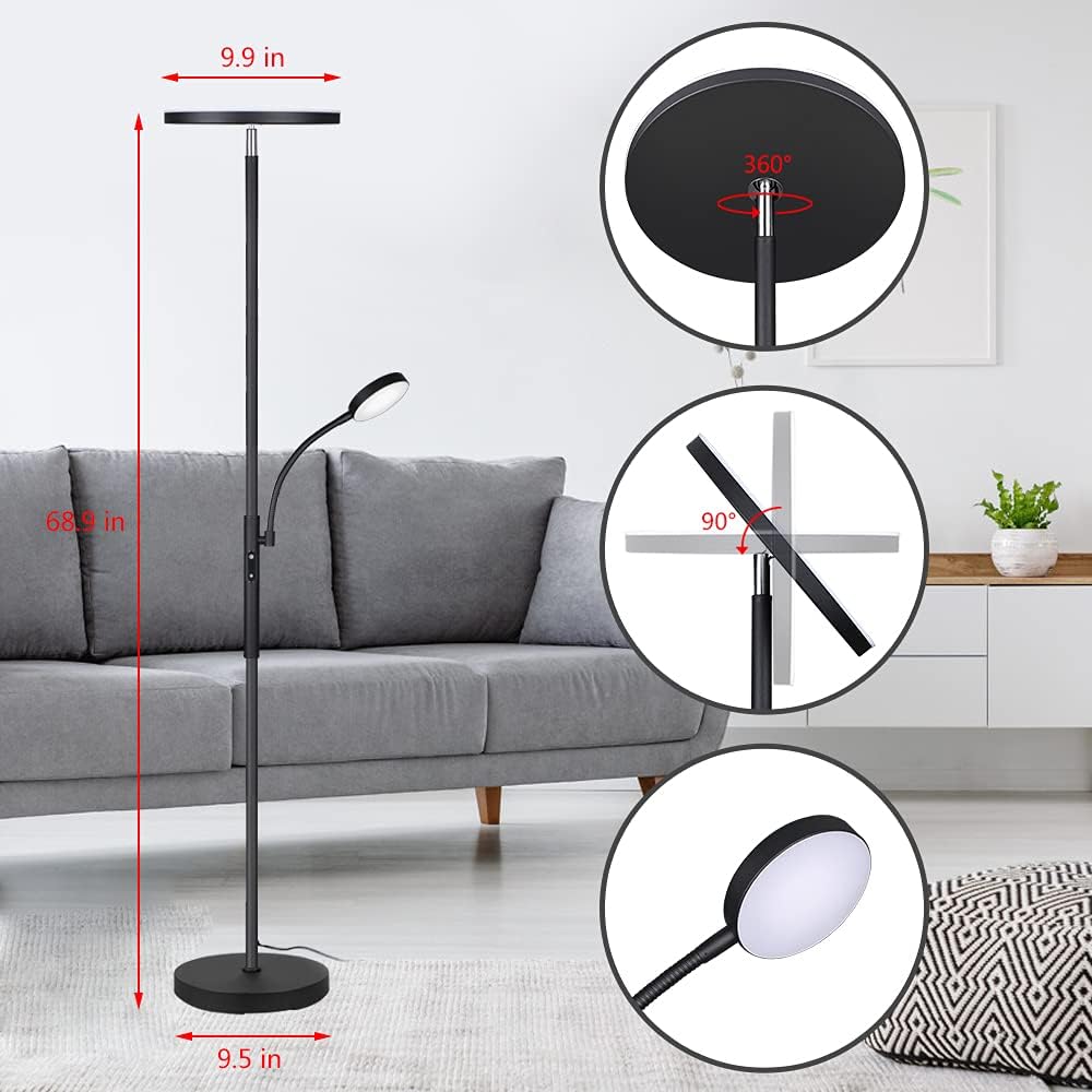 Dimunt Floor Lamp LED Floor Lamps for Living Room Bright Lighting, 27W/2000LM Main Light and 7W/350LM Side Reading Lamp, Adjustable 3 Colors Tall Lamp with Remote & Touch Control