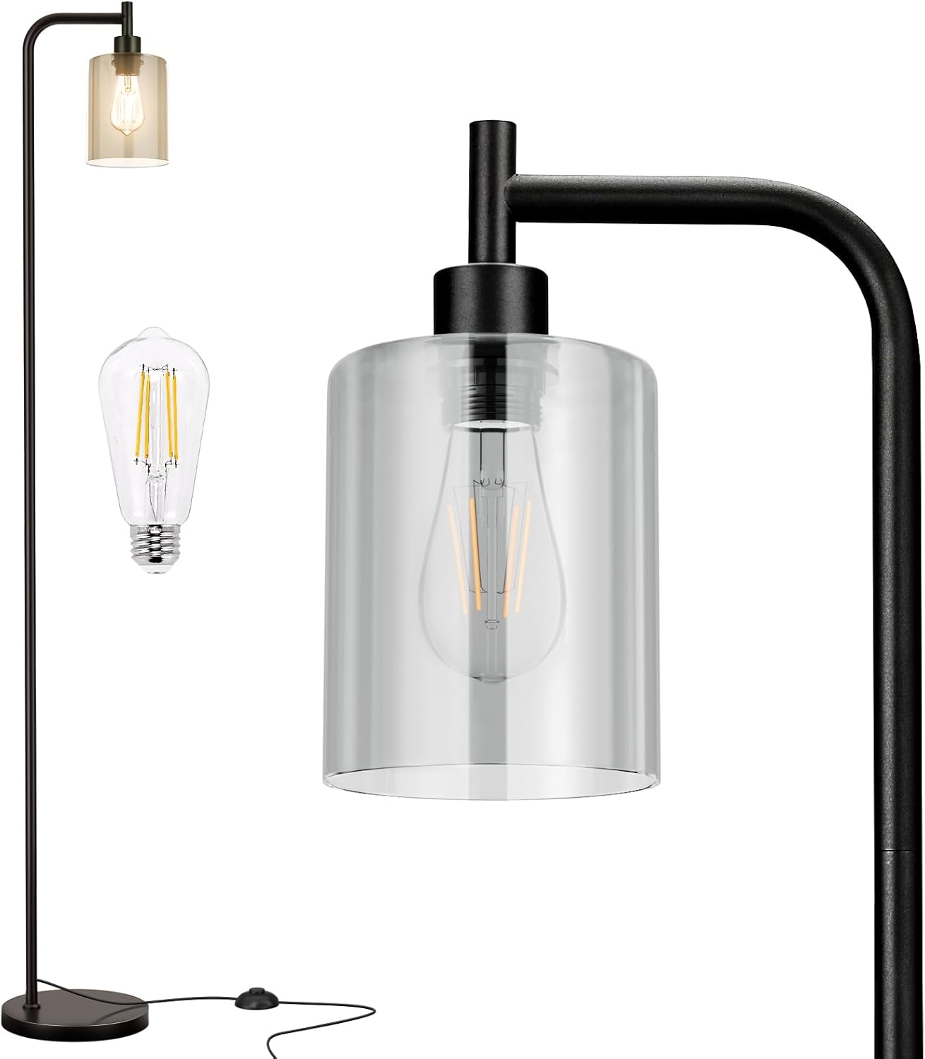 Industrial Floor Lamp with Glass Shade - Black, LED Bulbs, Foot Pedal Switch, Easy Assembly