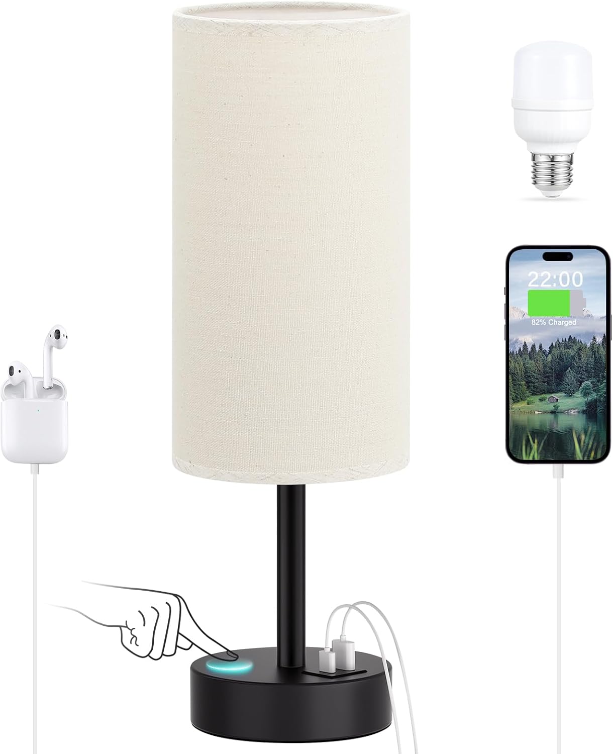 Touch Bedside Table Lamp with USB - 3 Way Dimmable Wood Lamp for Bedroom Nightstand, Desk Lamp with Charging Station for Dorm, Living Room, Office, Kids Room, Nursery, Small