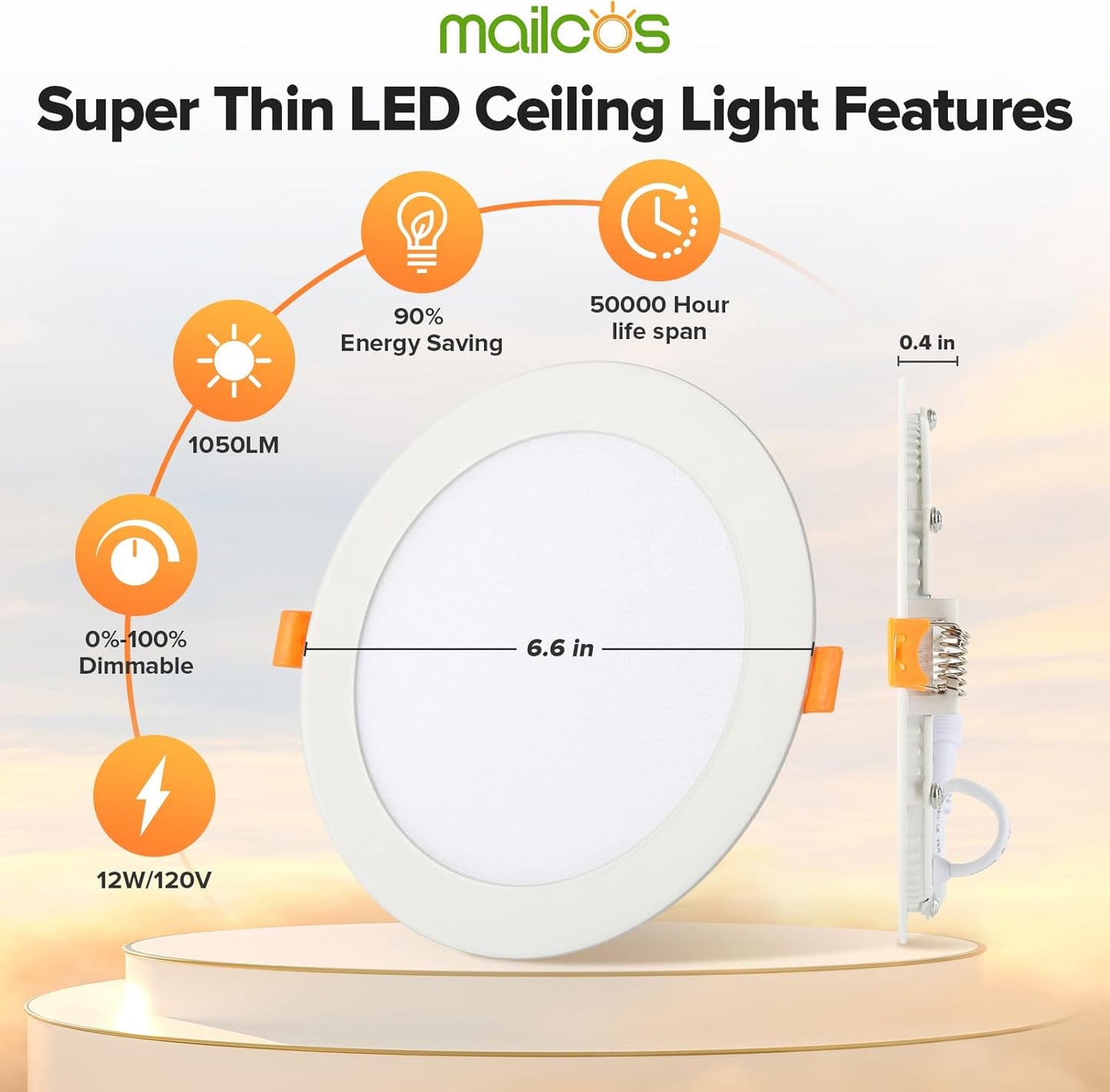 MAILCOS 12 Pack 6 Inch 5CCT Ultra-Thin LED Recessed Ceiling Light with Junction Box, 2700K-5000K Selectable, 1050LM High Brightness, Dimmable Canless Wafer Downlight, 12W 120V, ETL