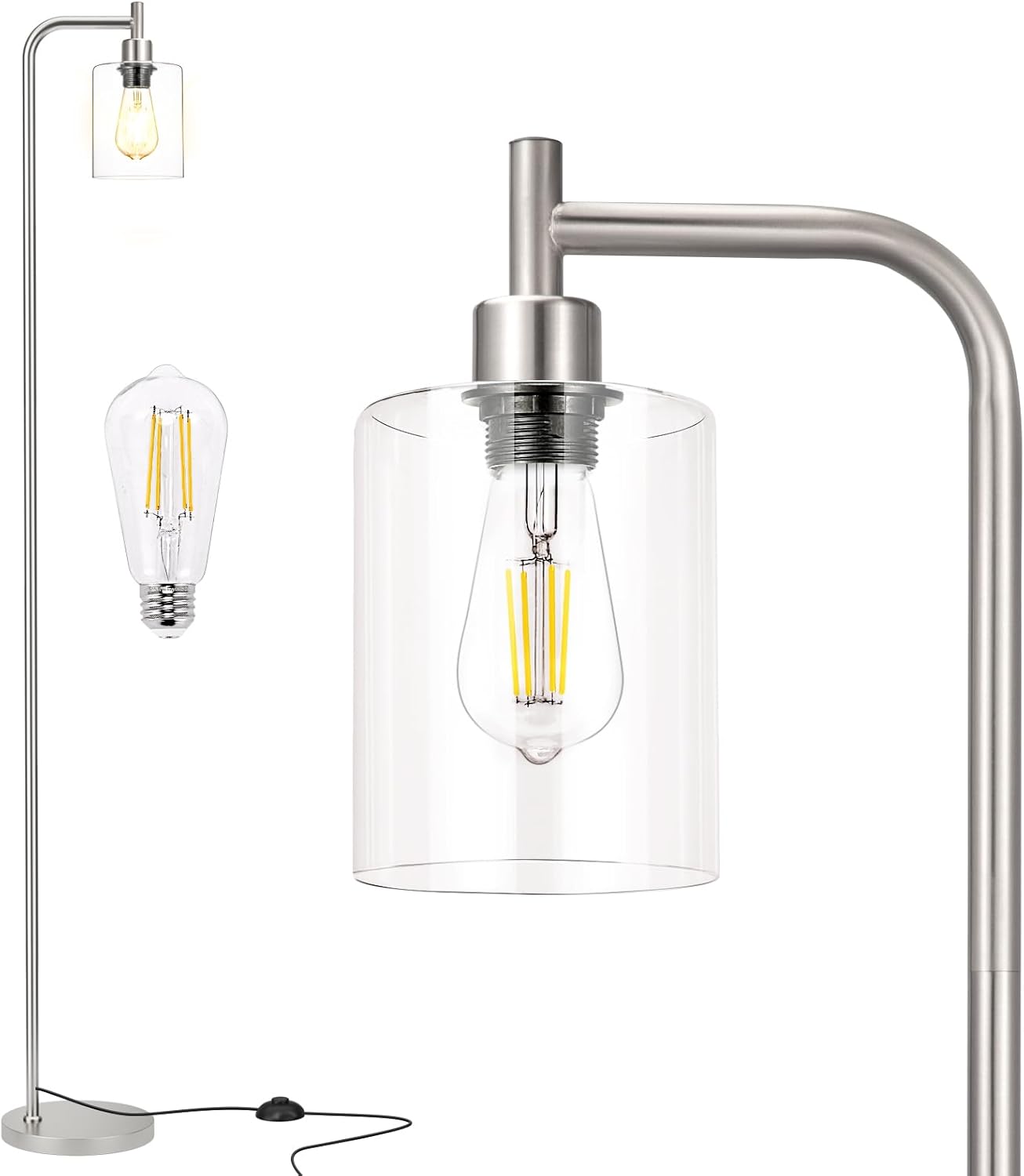 Industrial Floor Lamp with Glass Shade - Black, LED Bulbs, Foot Pedal Switch, Easy Assembly